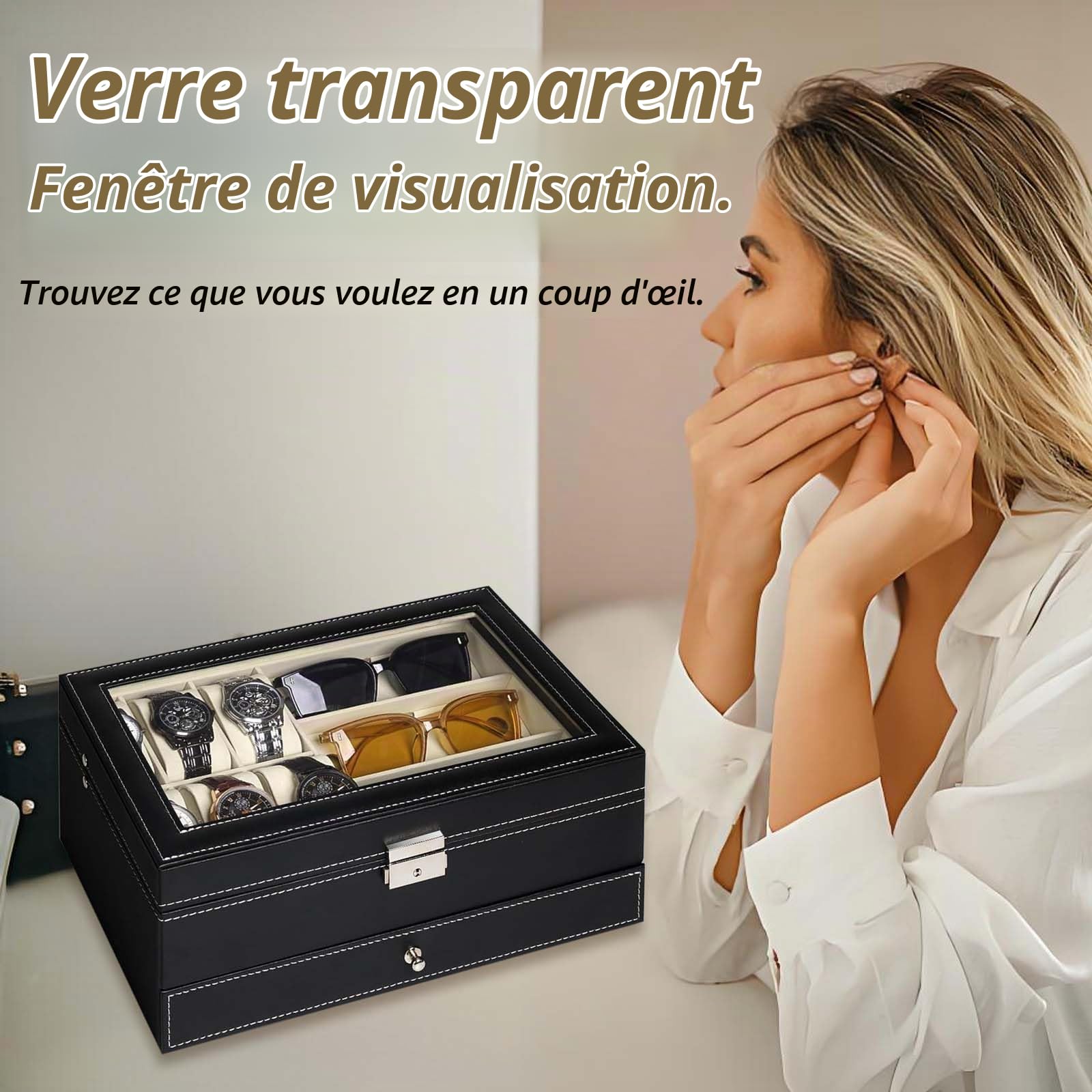 Boite Montre avec 6 Porte Montres, Coffret Montre Homme, Boite à Bijoux, Rangement Lunette de Soleil, Rangement Montres, Lunettes de Soleil, Bijoux et Accessoires