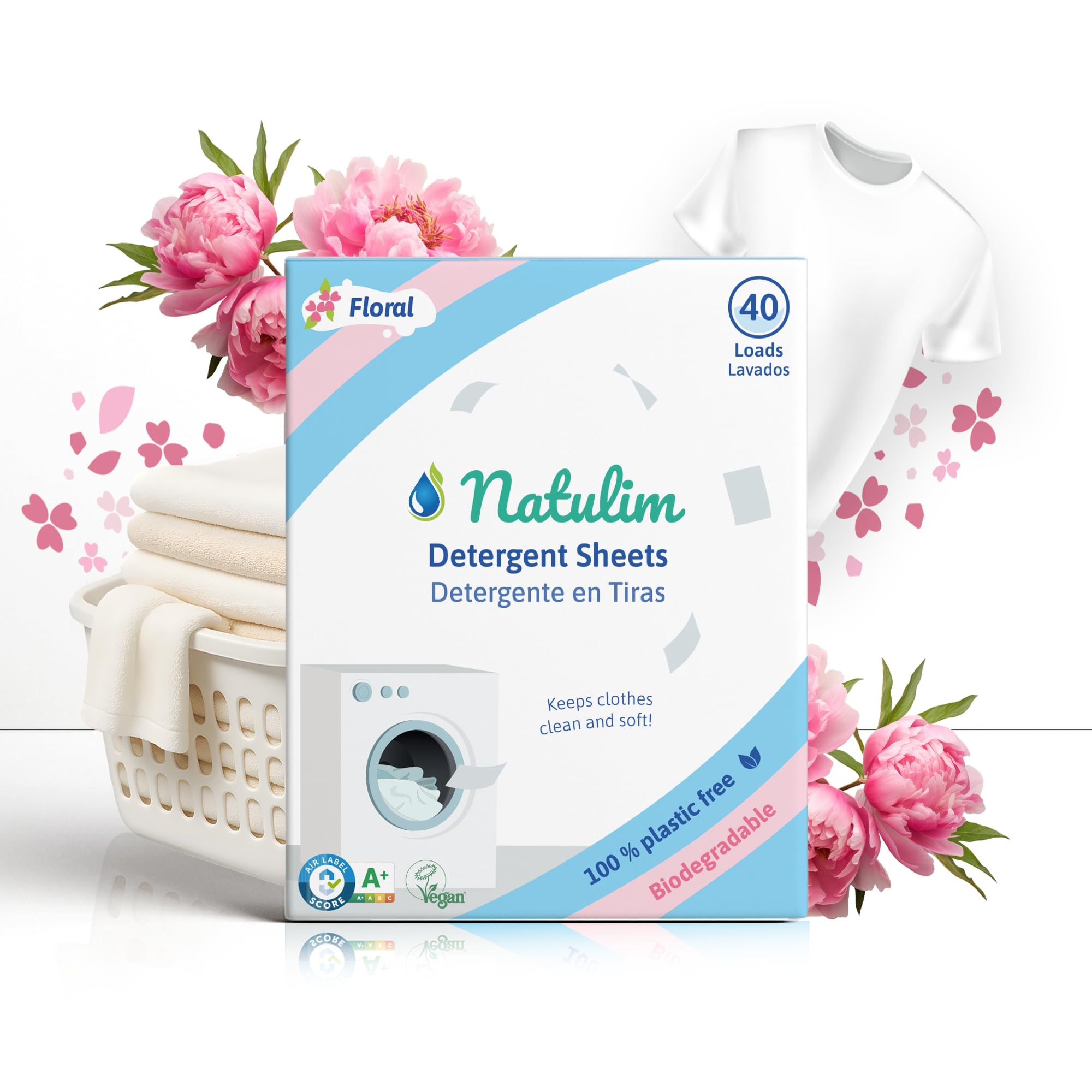 Natulim Laundry Detergent Sheets 40 Loads – Eco Friendly Biodegradable Laundry Soap Sheets, Plastic Free, Hypoallergenic for Sensitive Skin, Ultra Concentrated, Travel Friendly, Floral Scent
