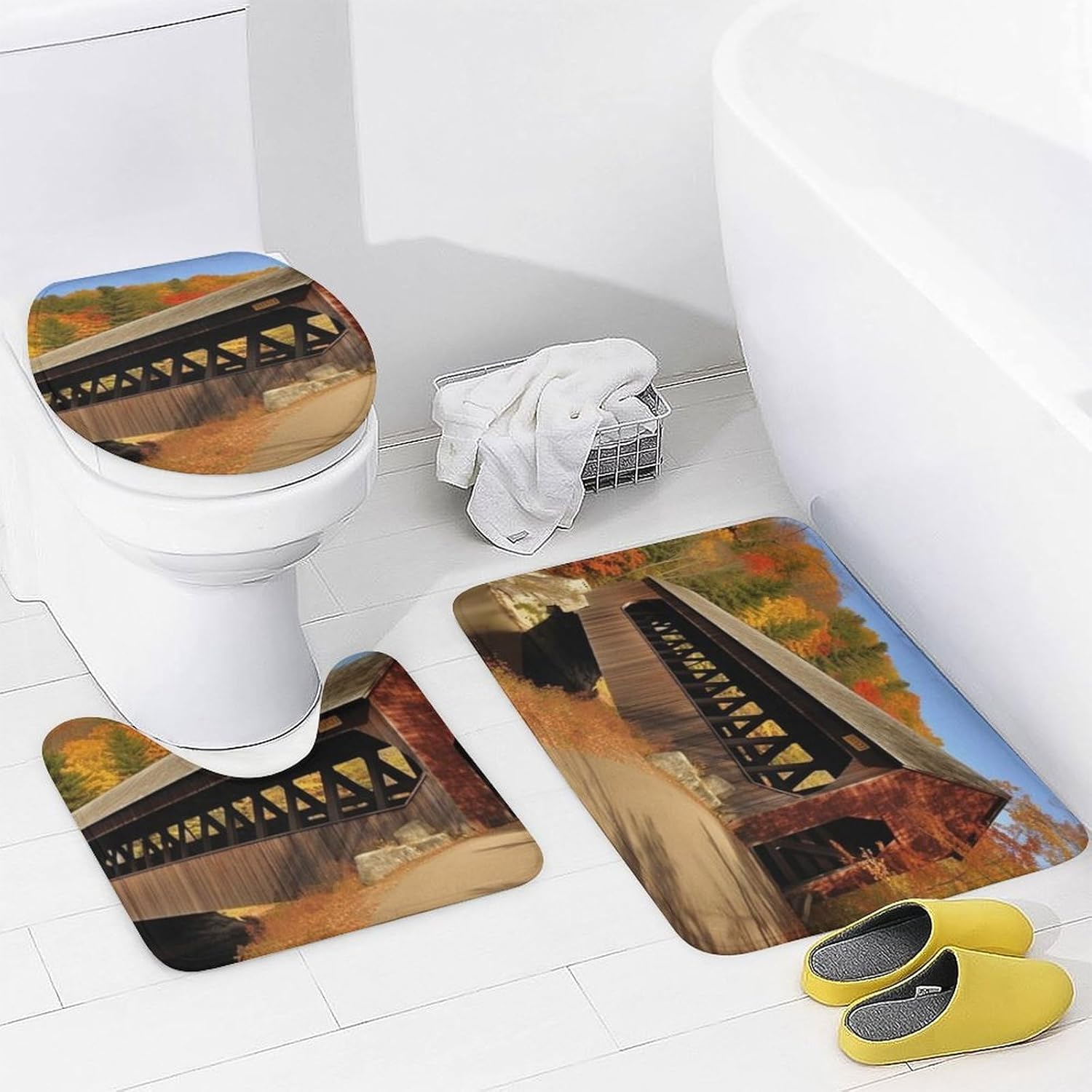 Albany Covered Bridge Shower Curtain Set 4 Piece, Non-Slip Bath Mat with Toilet Lid Cover and Waterproof Shower Curtain with 12 Hooks, Complete Bathroom Set for Home Decor