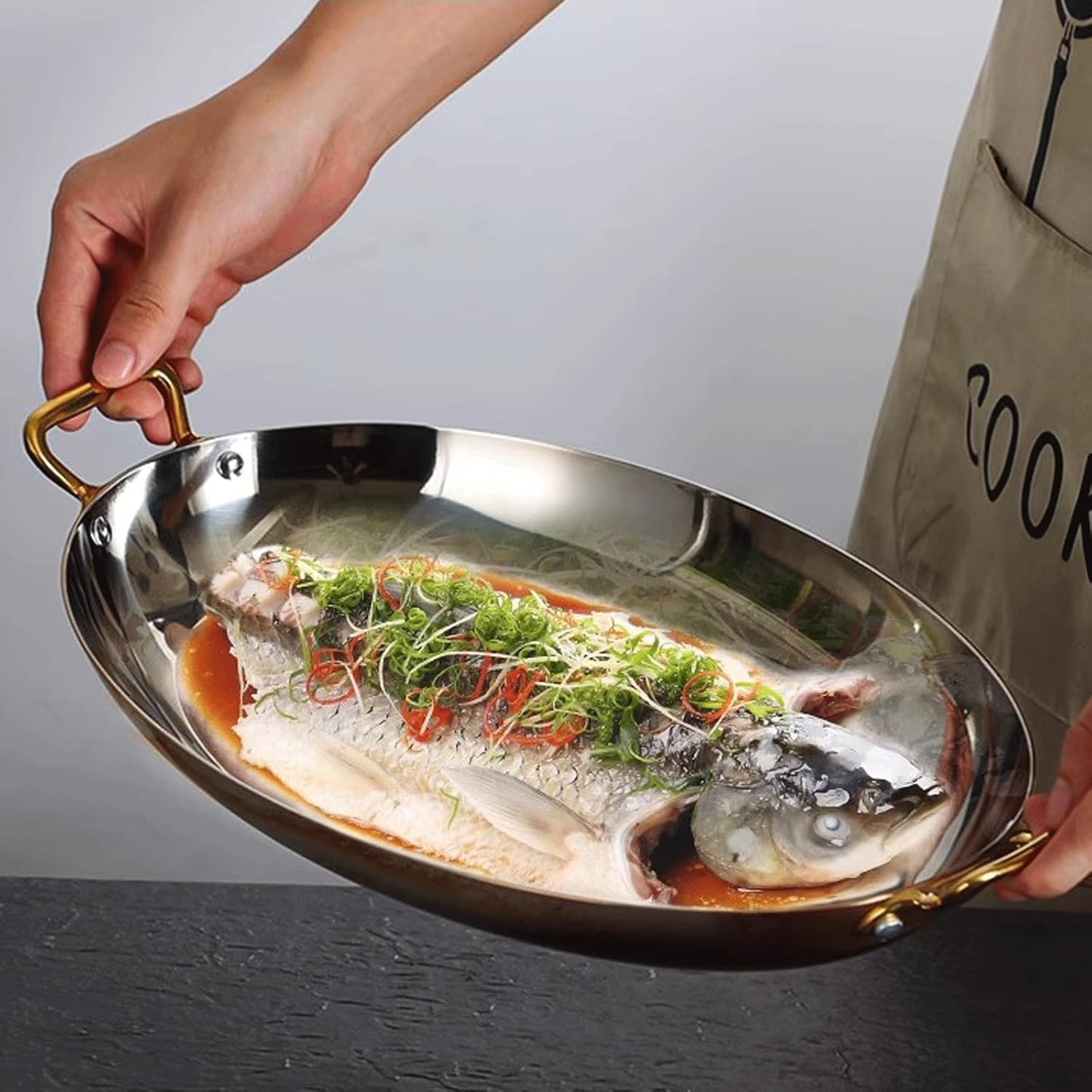 Stainless Steel Oval Spanish Paella Pan, Large Skillet,Omelet,Non Stick Seafood Lobster Plate With Double Riveted Handles For Home Or Restaurants(Size:25cm (9.84in),Color:rose gold)
