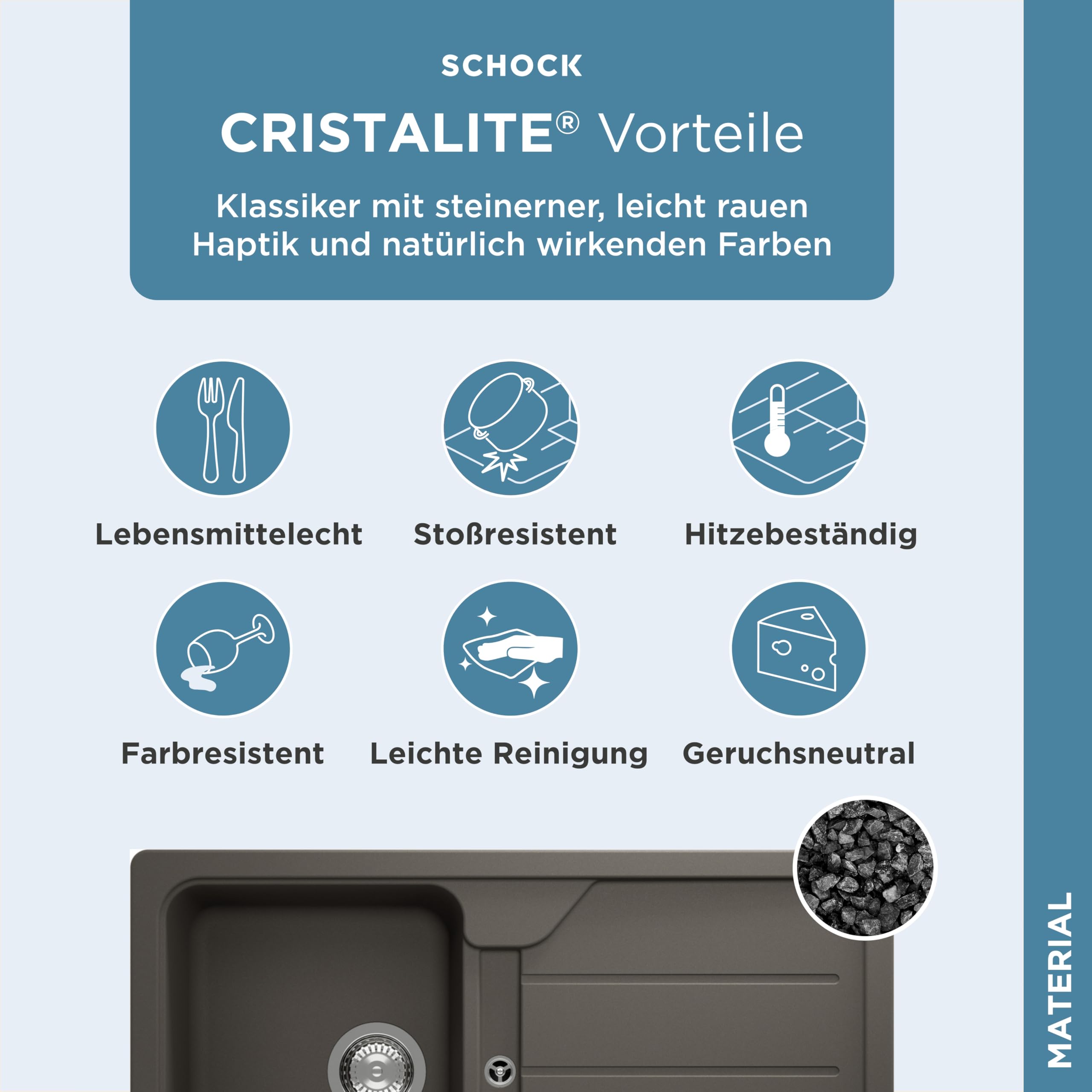 SCHOCK Küchenspüle Formhaus D-100 Asphalt 86x50 cm | Granitspüle aus CRISTALITE Grau mit Abtropffläche | Spüle für 45 cm Unterschrank | Reversible Einbauspüle | Langlebige Quarzkomposit-Oberfläche