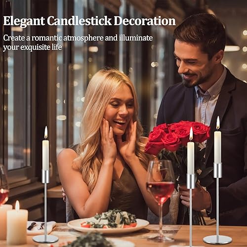 Miniatura 7 de Juego de 3 portavelas cónicos plateados, portavelas de metal dorado, portavelas alto, se adapta a velas LED y velas LED de 34 pulgadas de grosor,
