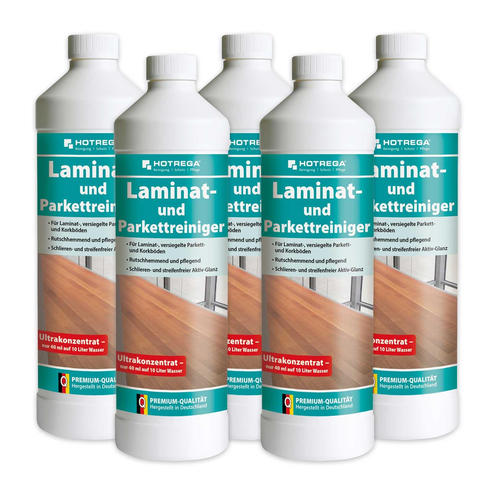 HOTREGA Laminat- & Parkettreiniger Konzentrat | 5x 1L Set | Wischpflege | Streifenfreie Reinigung für Korkböden | Rutschhemmend & Seidenmatt-Effekt | Schutz vor Feuchtigkeit & Abnutzung