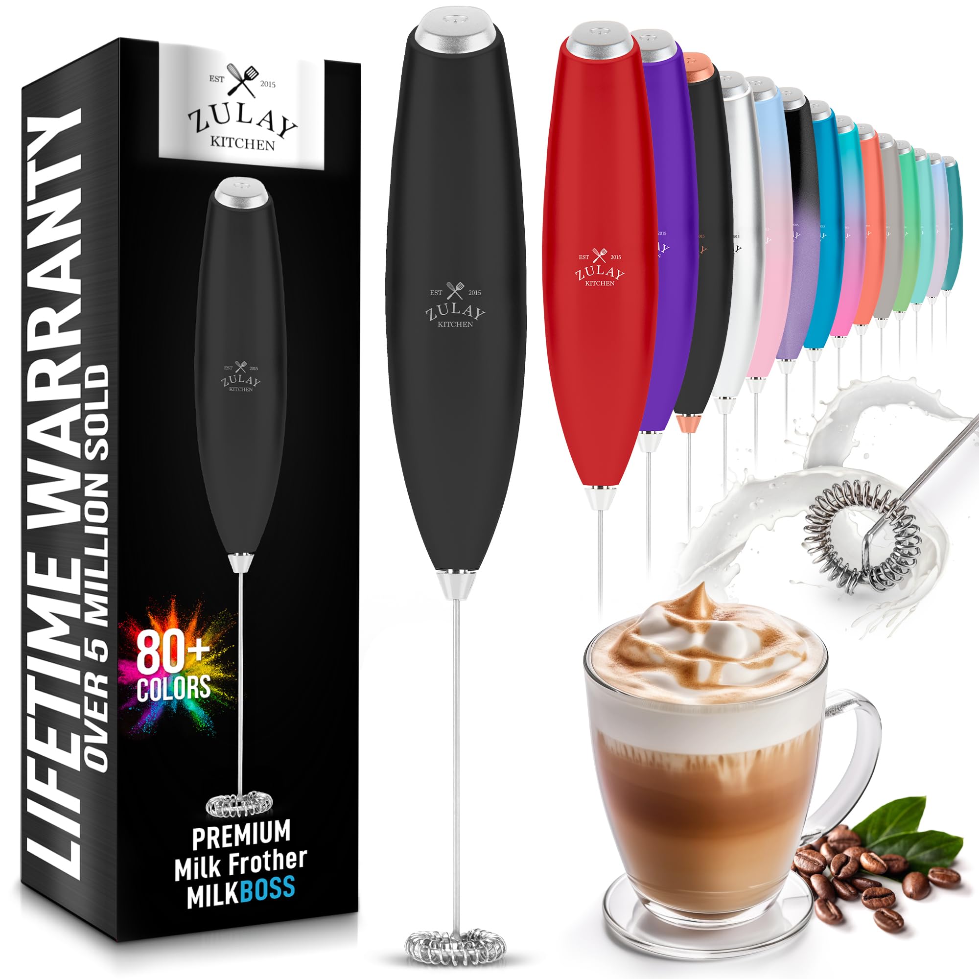 Zulay Kitchen Powerful Milk Frother Wand - Ultra Fast Handheld Drink Mixer - Electric Whisk Foam Maker for Coffee, Lattes, Cappuccino, Matcha & Coffee Creamer - Black, Batteries Not Included