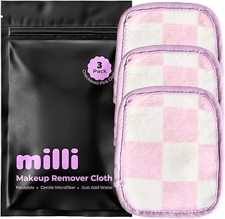 Makeup Remover Cloth - Set of 3 Pink and White Checkered Reusable Microfiber Cleansing Cloths to Gently Remove Mascara, Eyeliner, Eye Shadow, Lipstick with Just Water