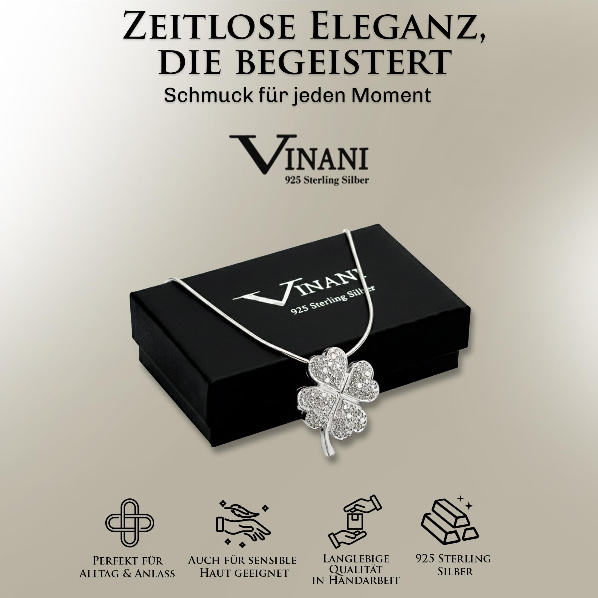 Vinani Damen Halskette 925 Silber mit Kleeblatt Anhänger Zirkonia AKG