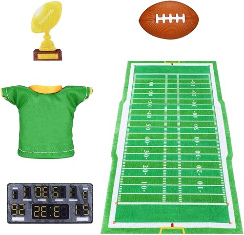 Hiboom Juego de 5 accesorios de muñeca elfo de Navidad con kit de rugby, lanzamiento, fútbol, uniforme, trofeo, marcador, accesorio de elfo de