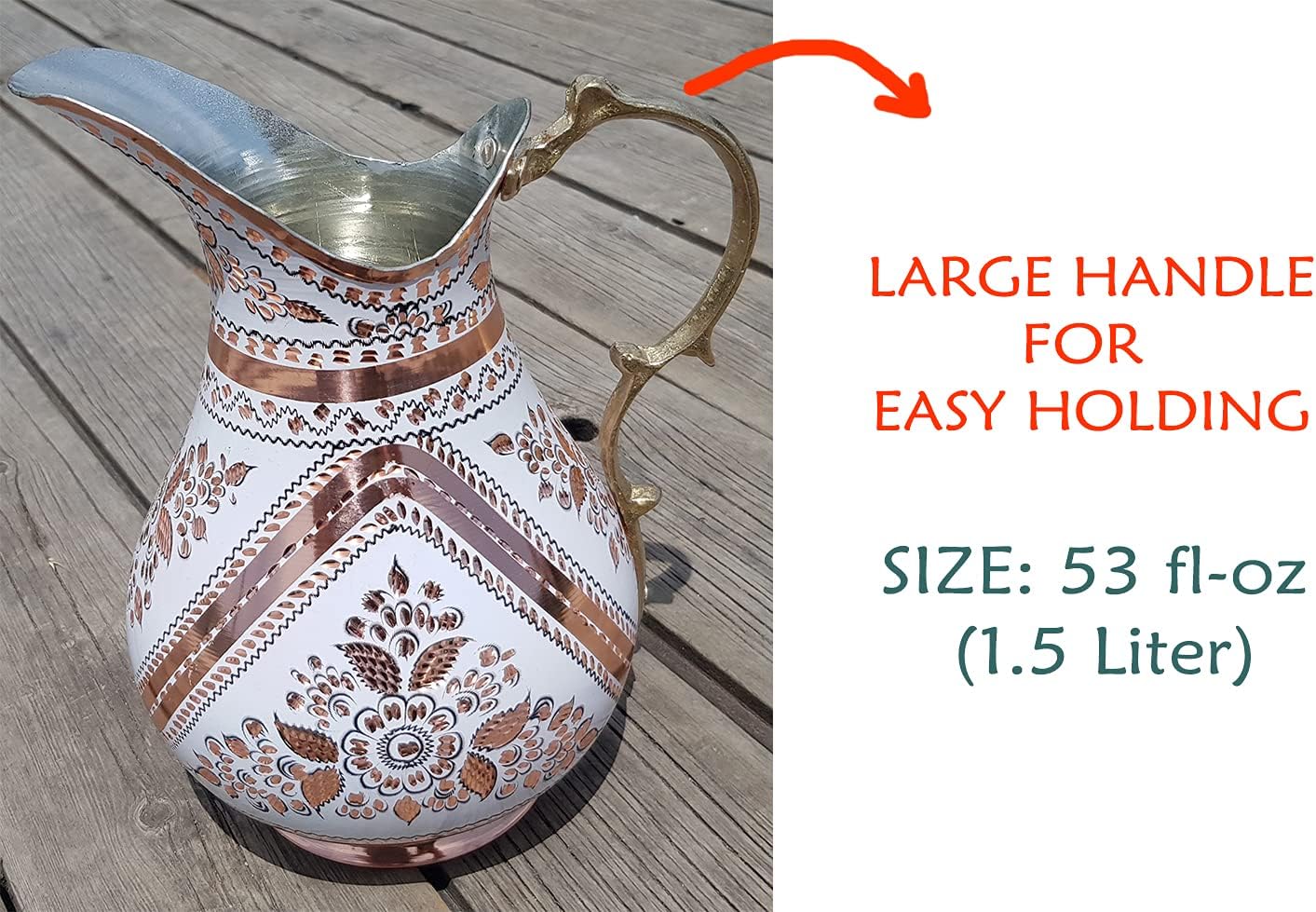 Copper Water Pitcher Jug for Drinking Hammered Ayurvedic Vessel Moscow Mule Metal Stainless Farmhouse Drinks Restaurant Kitchen Pure Container Silver Cups Milk Handmade Vintage Gallon Dispenser Fancy - Image 6
