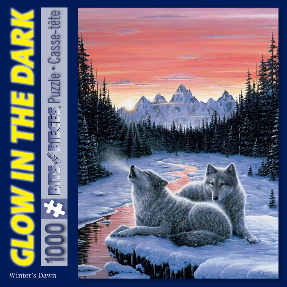 Bits and Pieces – 1000 Piece Glow in The Dark Jigsaw Puzzle for Adults – Winter's Dawn, Snowy Winter, Wolf - Jigsaw Puzzle by Artist Jeff Tift,