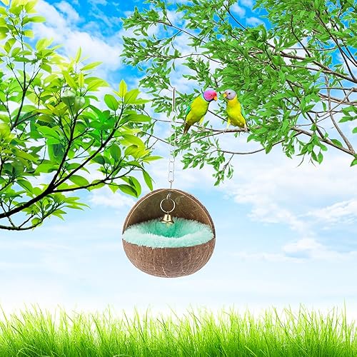 Miniatura 5 de 2 piezas de cáscara de coco natural para pájaros, nido de crianza, anidación antipicaduras con almohadilla cálida y campana para pájaros, loro,