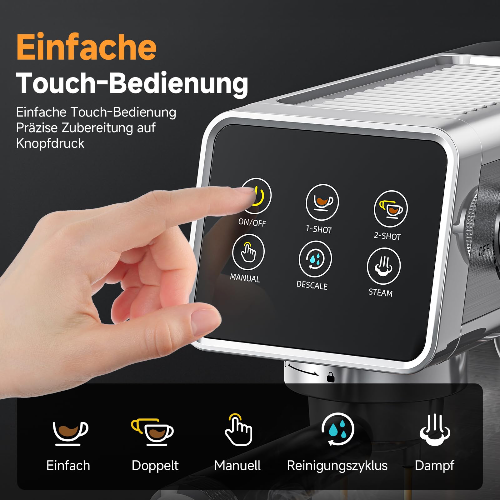 AMZCHEF Siebträgermaschine 20 Bar Espressomaschine Edelstahl LED-Touchscreen Milchaufschäumer 1,2L Wassertank