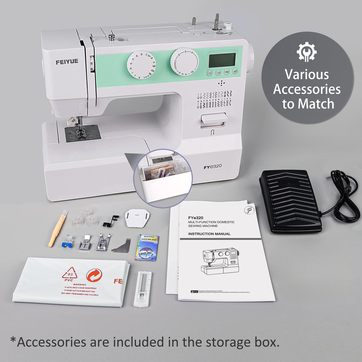 FEIYUE FYe320 Full Size Sewing Machine with Foot Pedal, Speed Control, Heavy Duty & Portable, LCD Display, 25 Built-in Stitches, 6 Bobbins & 5 Included Sewing Feet