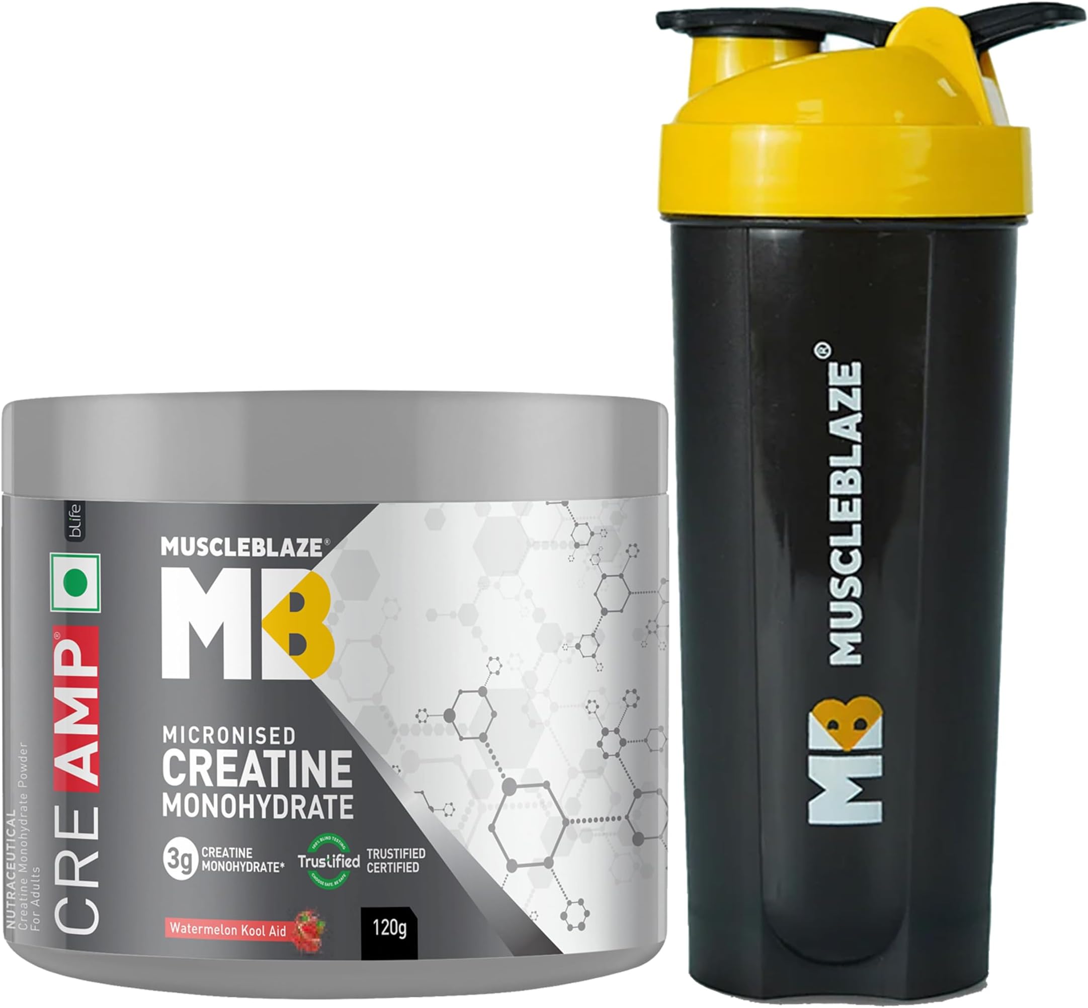 MuscleBlaze Micronised Creatine Monohydrate CreAMP Powder, Watermelon Kool Aid (30 Servings, 120g) with Shaker Combo | Trustified Certified Creatine