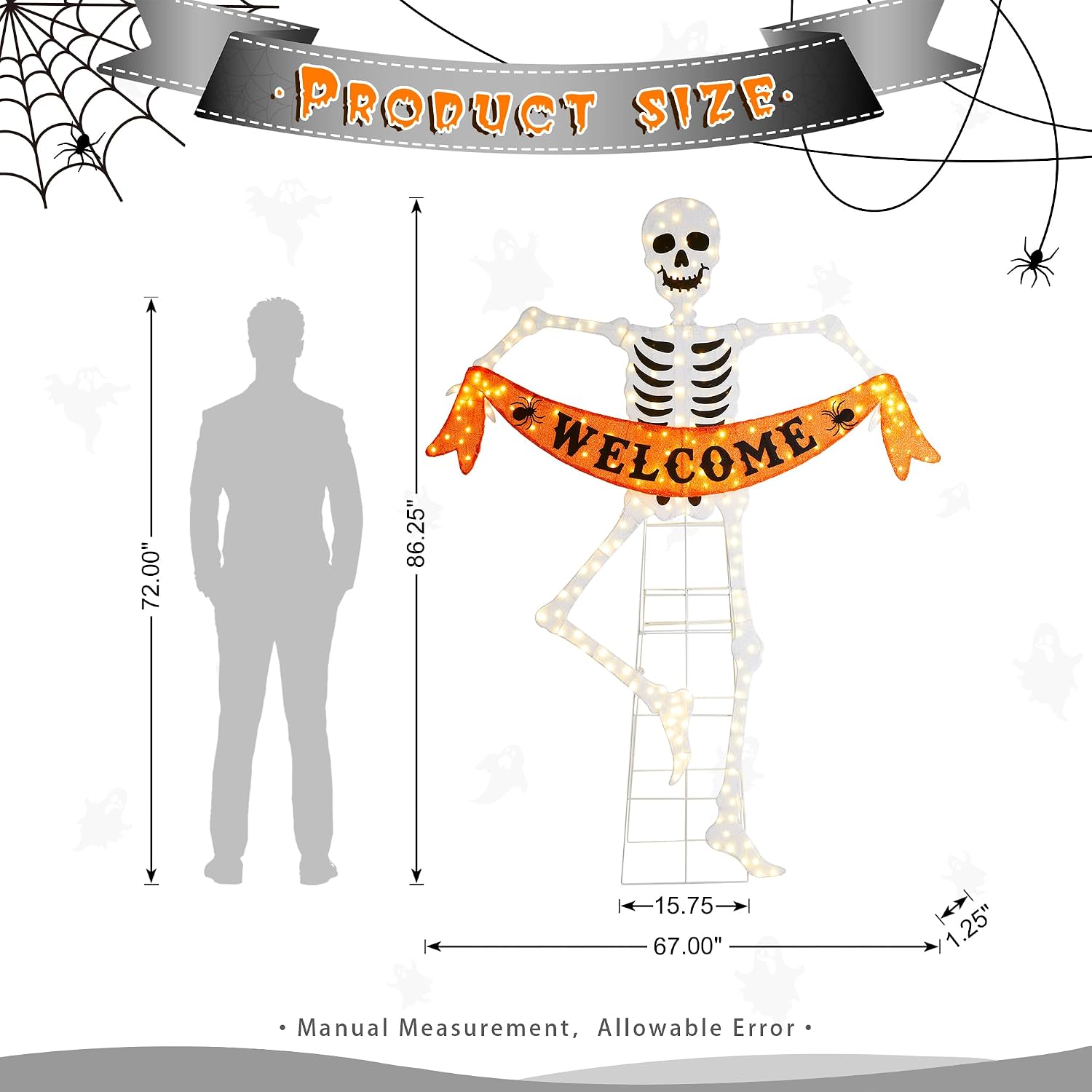 Glitzhome 7FT Lighted Halloween Outdoor Decoration, Pre-lit 2.5D Skeleton Outdoor Décor with 220 Warm White LED Lights, Light Up Outside Yard Garden Decor