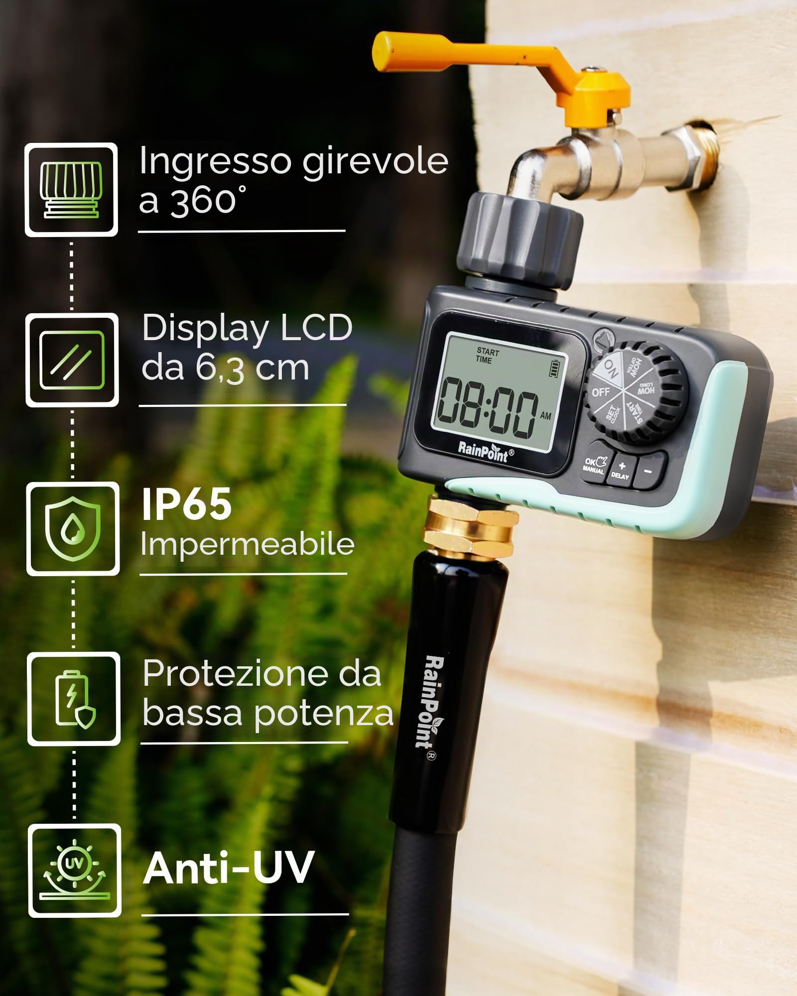 RAINPOINT Timer Irrigazione con Irrigazione Automatica, Programmatore Irrigazione con Ritardo Pioggia, Display LCD Centralina Irrigazione per Serra da Giardino Blu