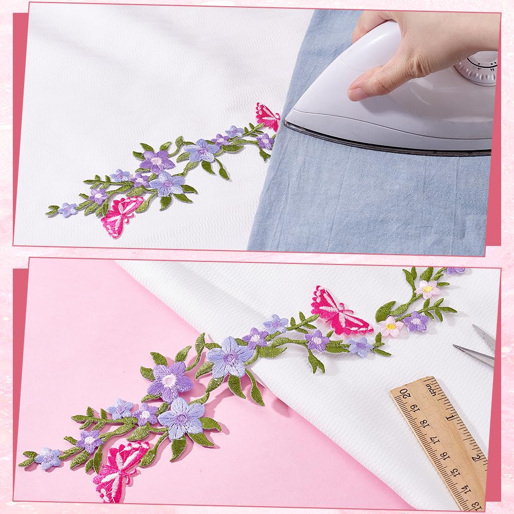4 toppe ricamate decorative con fiori e farfalle, da cucire su glicine, con farfalla rosa intenso, termoadesive per borse, pantaloni, decorazioni fai da te, 8 x 27 cm