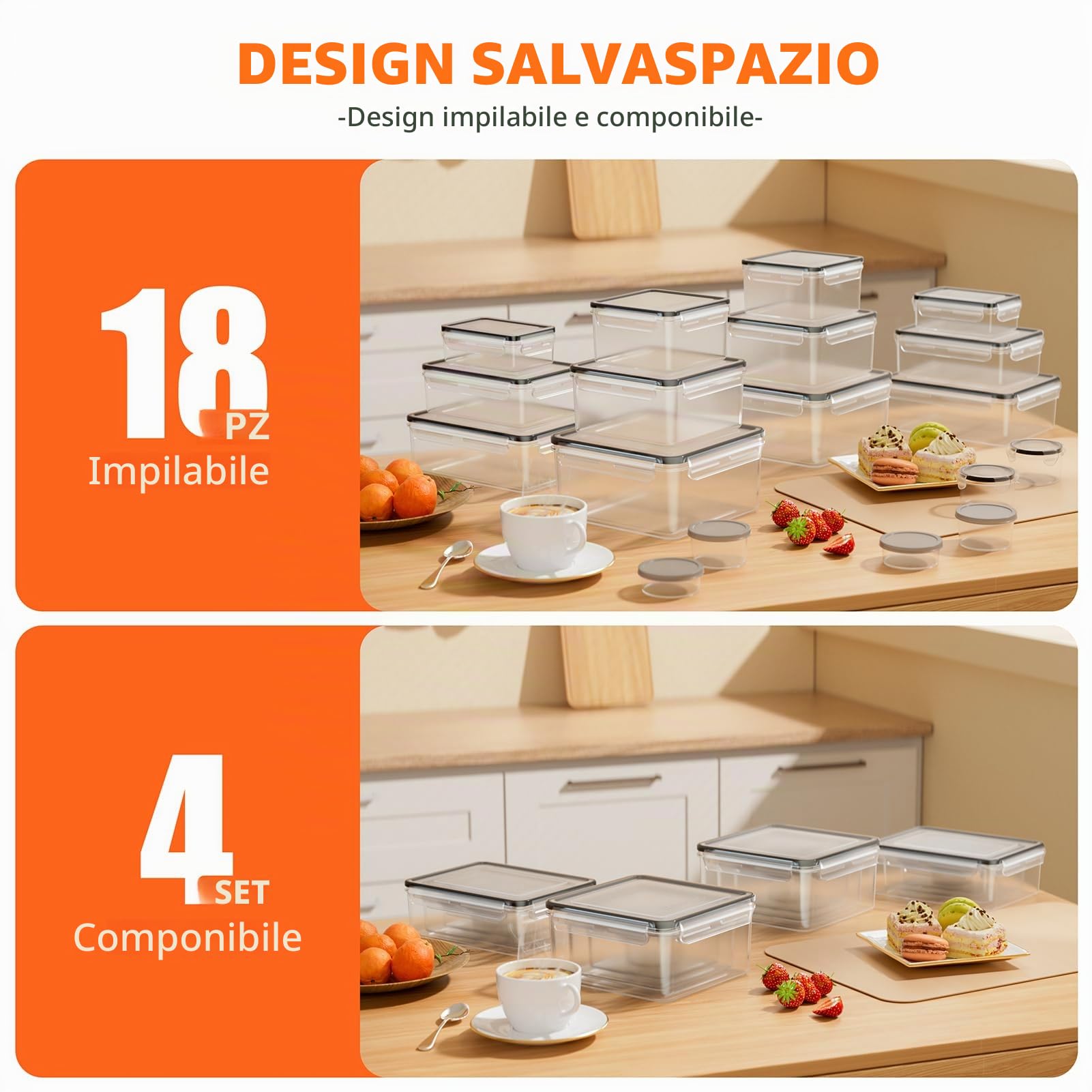 Set 36 Contenitori Ermetici per Alimentari con Coperchio - Scatole Conservazione (18 Contenitori + 18 Coperchi) - Barattoli Cibo Antigoccia per Cucina