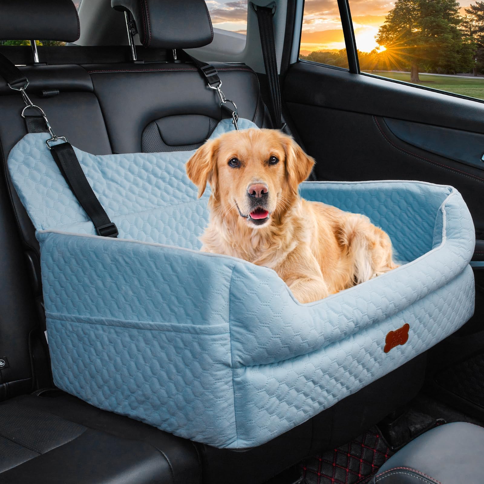 Dog Car Seat Booster with Memory Foam - Secure Strap Installation, Thick Padding & Storage Bag - Heavy-Duty Travel Bed for Large/Medium Dogs up to 24.95 KG or 2 Small Dogs - Washable Car Seat, Blue