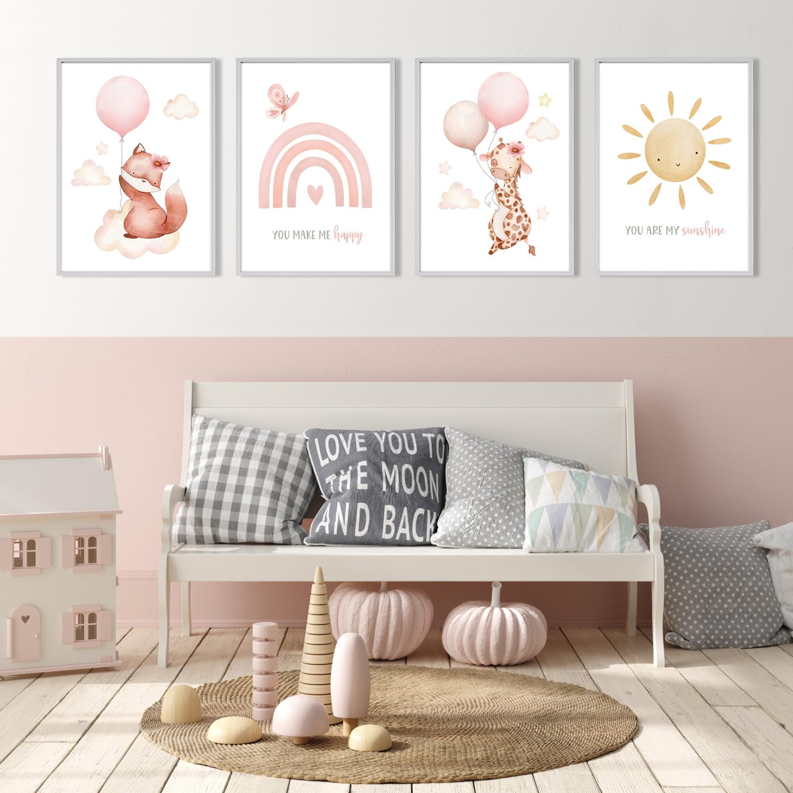 Eclove Set di 4 Poster per Cameretta Bambini - Animali ad Acquerello con Volpe Rosa & Giraffa, Decorazione Murale per Nursery e Cameretta di Bambina, Senza Cornice (21x30 cm A4)