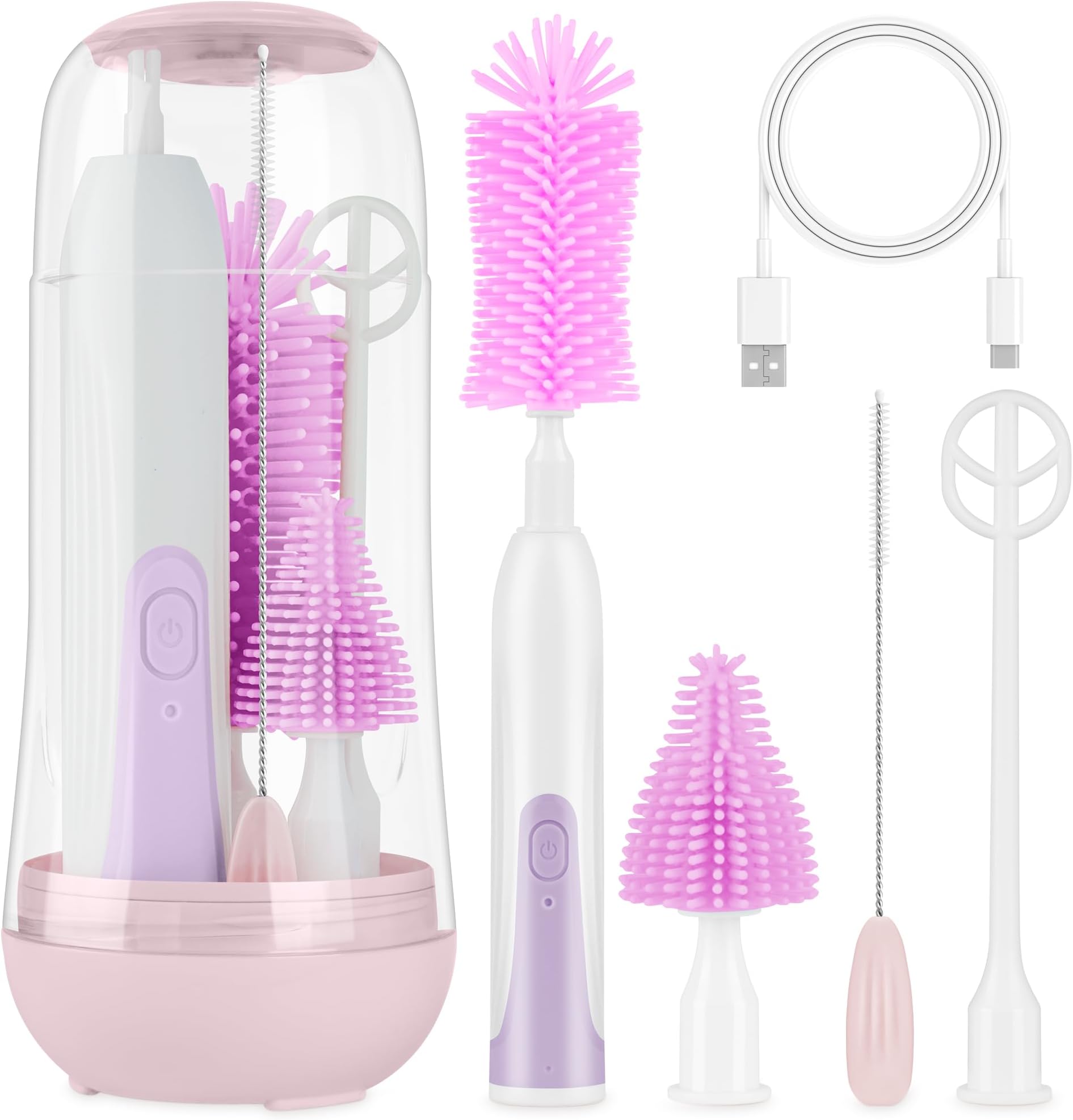 Electric Baby Bottle Brush Cleaner Rechargeable, Travel Baby Bottle Brush Electric with Automatic Bottle Cleaner Brush, Silicone Bottle/Nipple Brush, Straw Brush, Milk Frother, Drying Rack (Pink)
