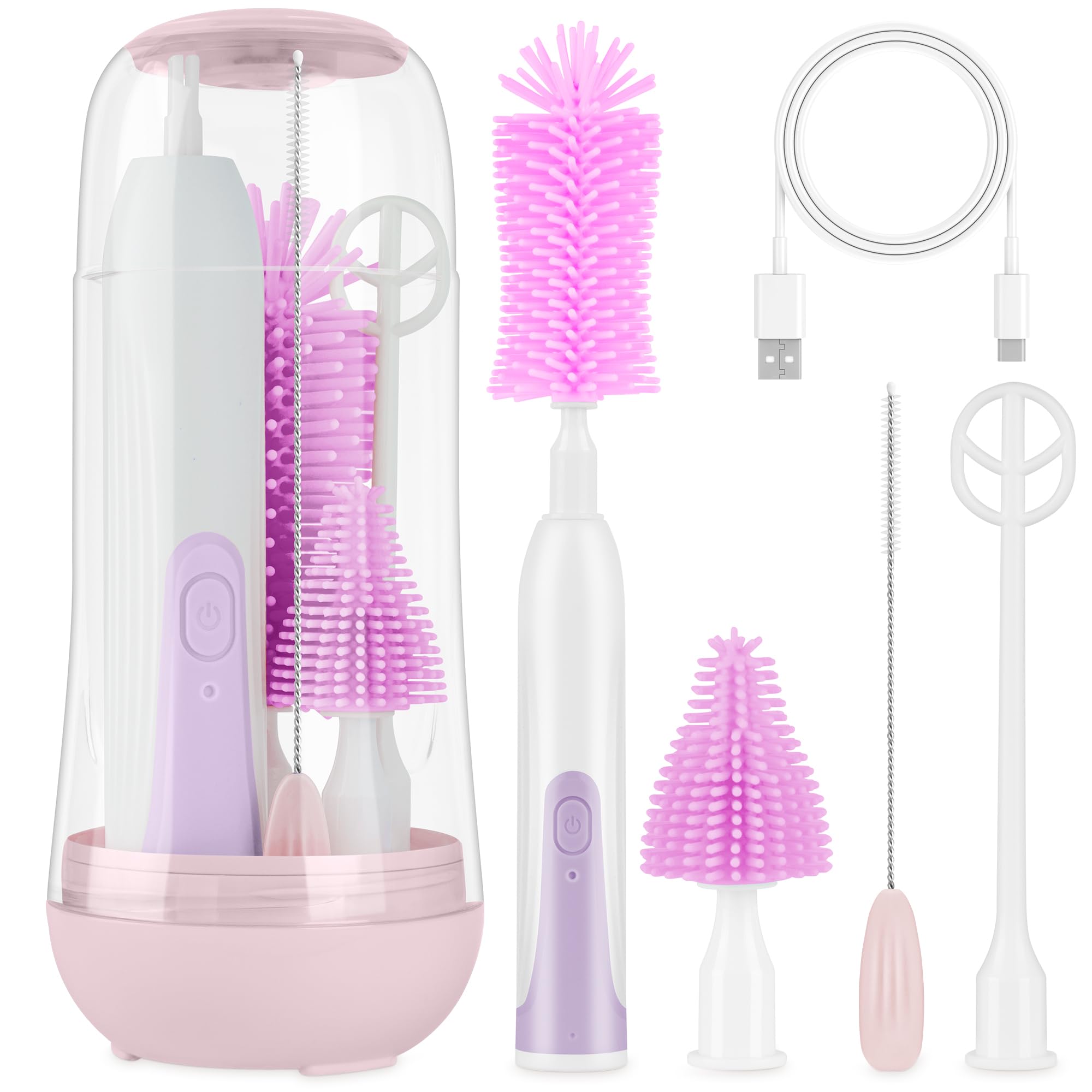 Electric Baby Bottle Brush Cleaner Rechargeable, Travel Baby Bottle Brush Electric with Automatic Bottle Cleaner Brush, Silicone Bottle/Nipple Brush, Straw Brush, Milk Frother, Drying Rack (Pink)