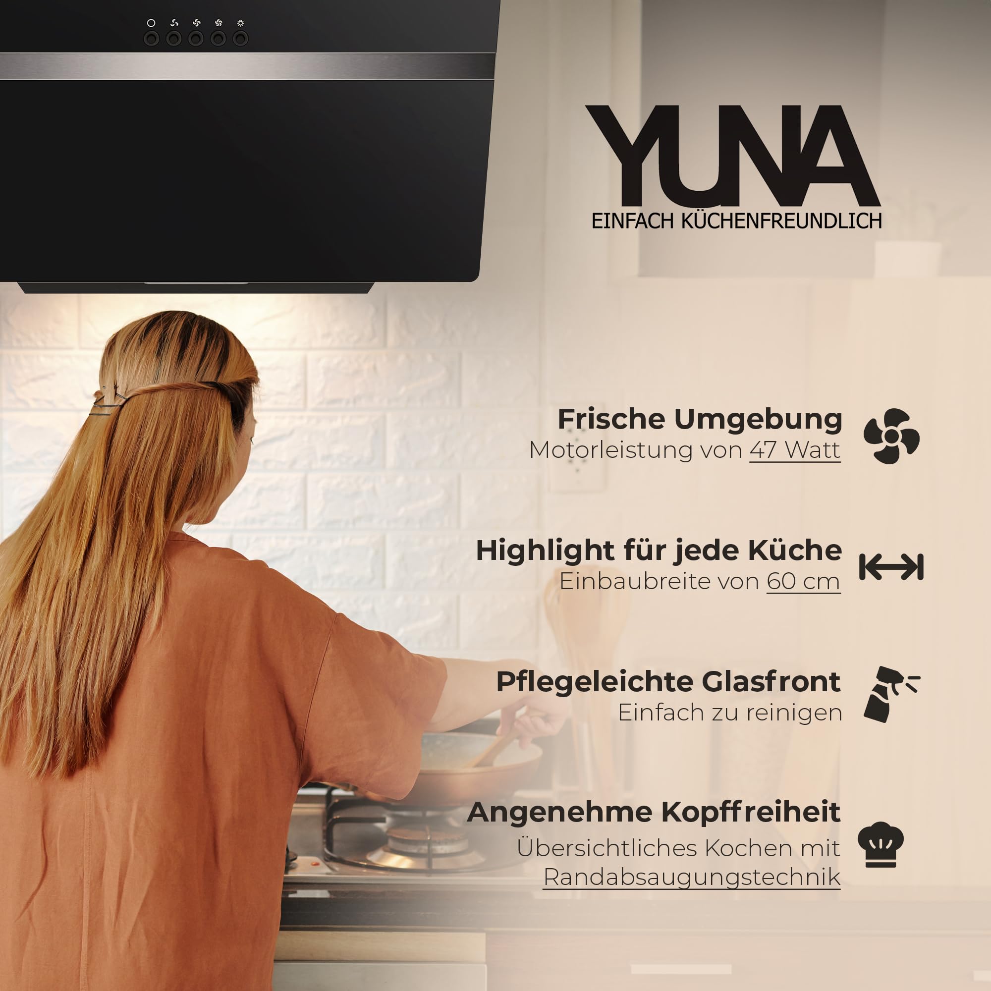 YUNA Dunstabzugshaube DUSANKA 60 cm Schwarz Glasfront 3 Leistungsstufen 47W Motorleistung Energieeffizienz A Abluft Umluft Kopffrei LED Beleuchtung Ohne Kohlefilter Wandhaube