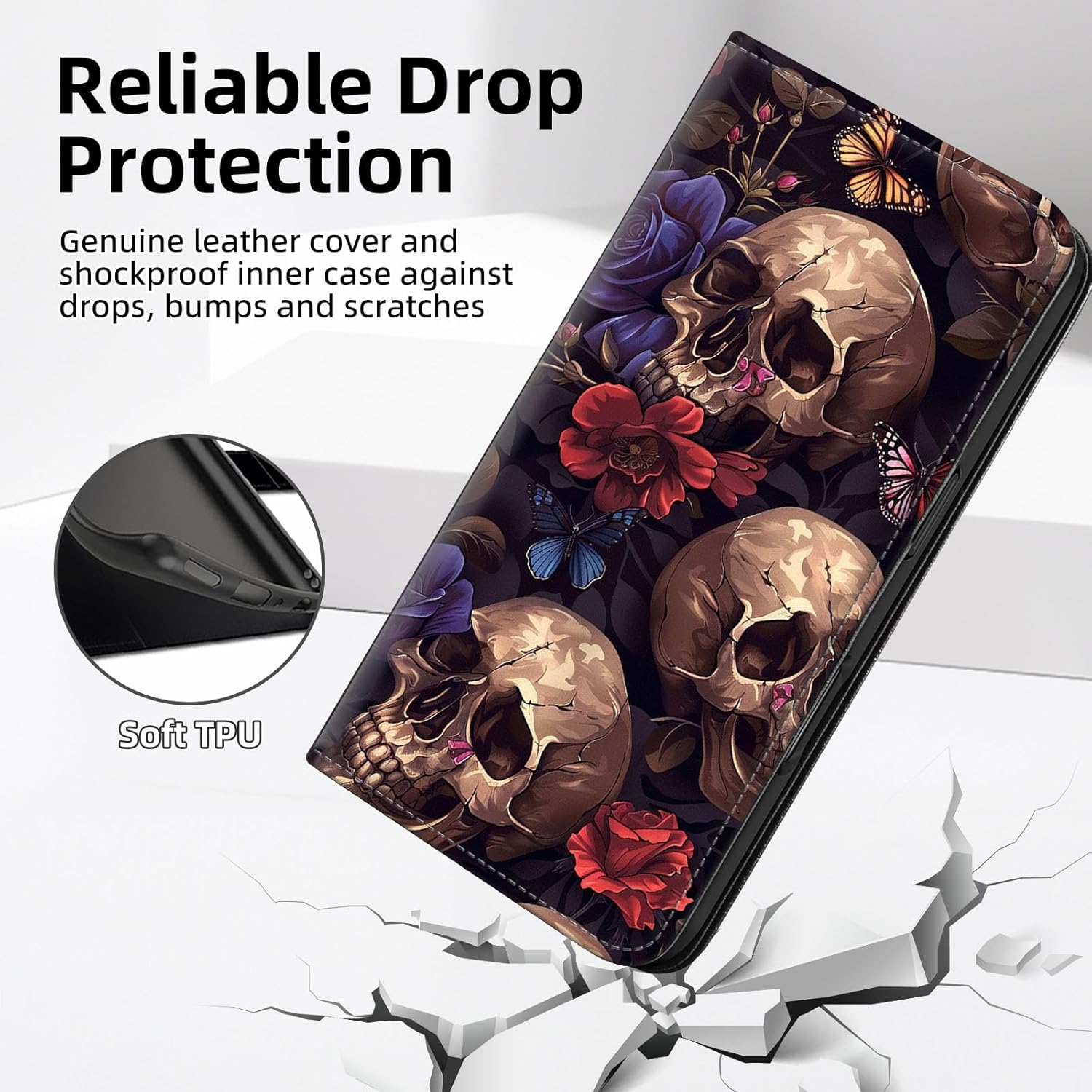 Wallet Case for Moto G 5G 2024 with RFID Blocking Credit Card Holder, Gothic Skulls Floral, Flip PU Leather Magnetic Closure Phone Cover for Moto G 5G 2024