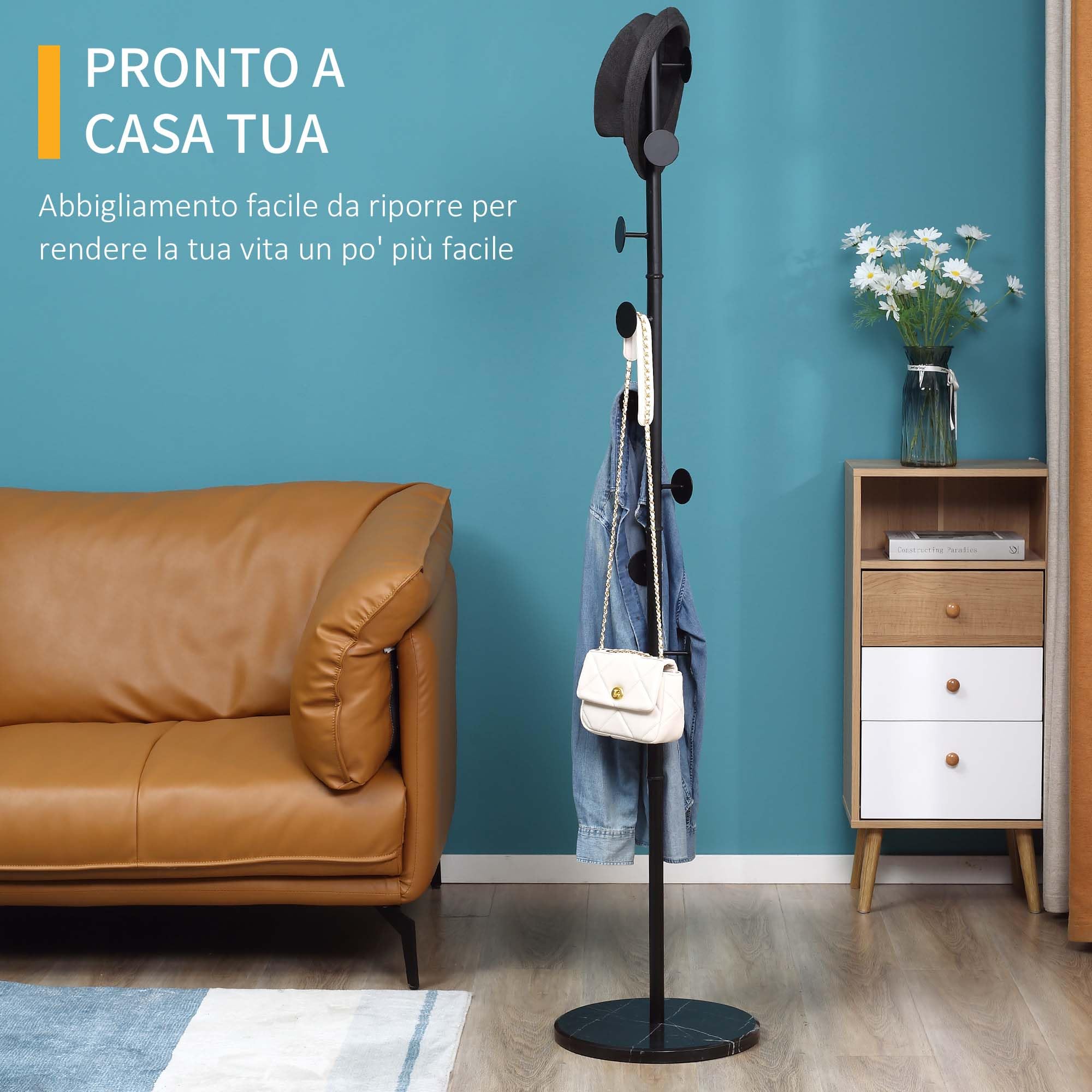 HOMCOM Albero Appendiabiti con 8 Ganci Base Rotonda 35x35x170 cm Nero | Appendiabiti da Terra, in Acciaio e Marmo