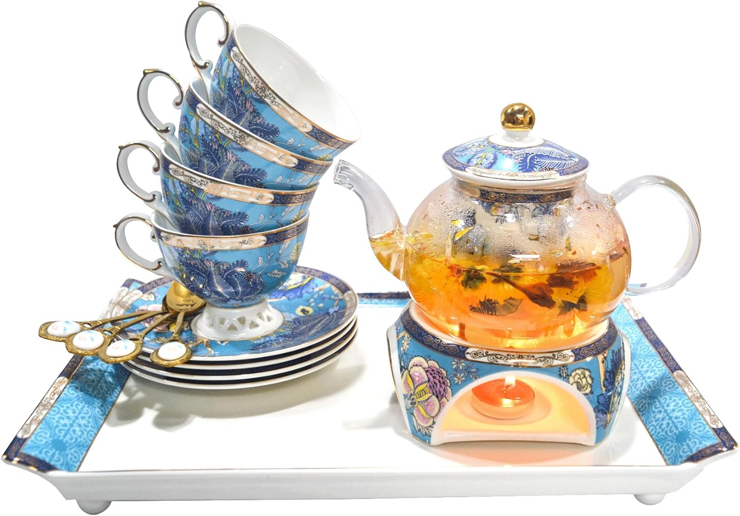 ACMLIFE Bone China Tea Set for 4 Adults, 14 Piece Blue and