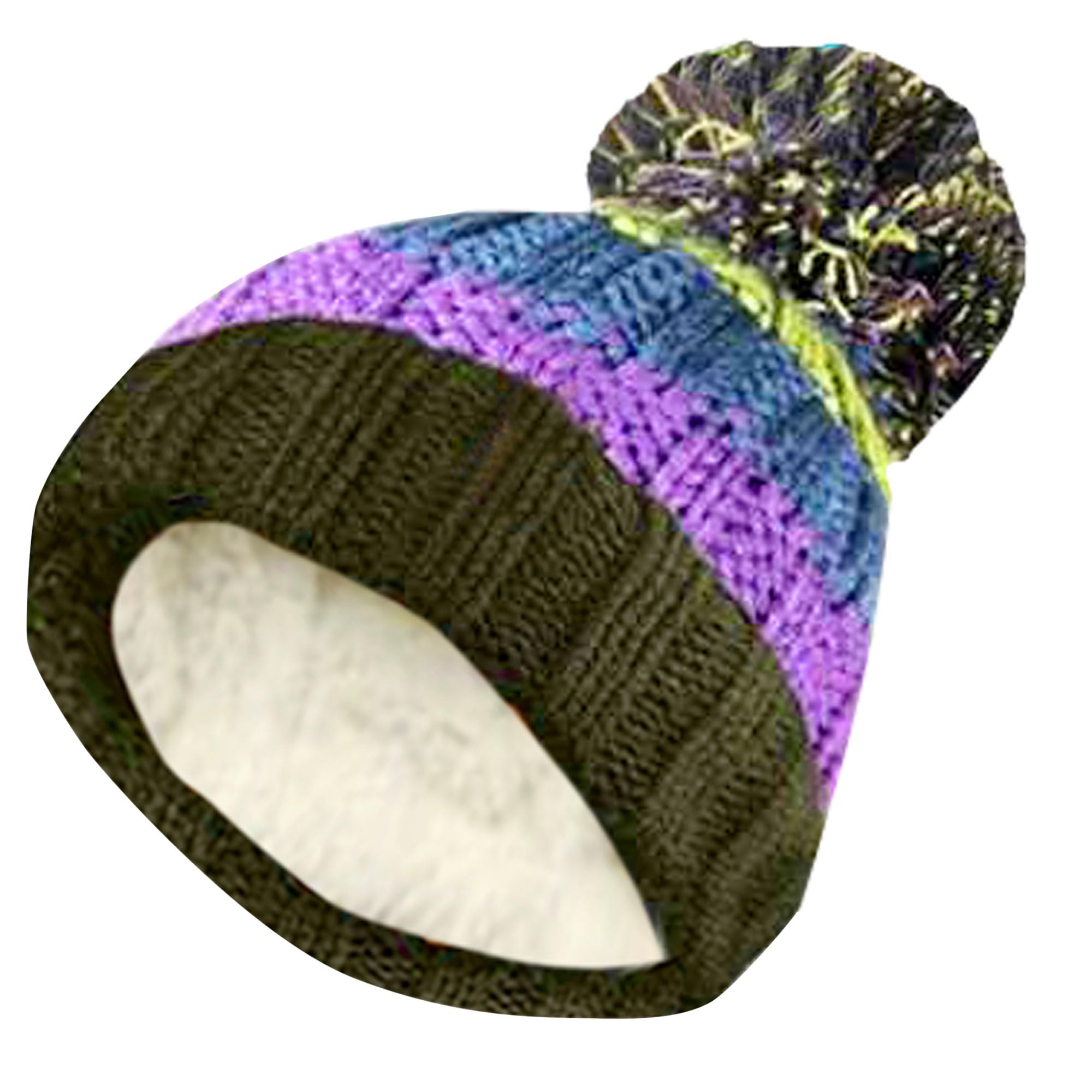 HiFEN® Beanie Winter Hats for Men Women Chunky Soft Cable Knit Skull Warmer Thermal Insulating Double Layer Fleece Liner Pom Pom Headwear Purple/Green