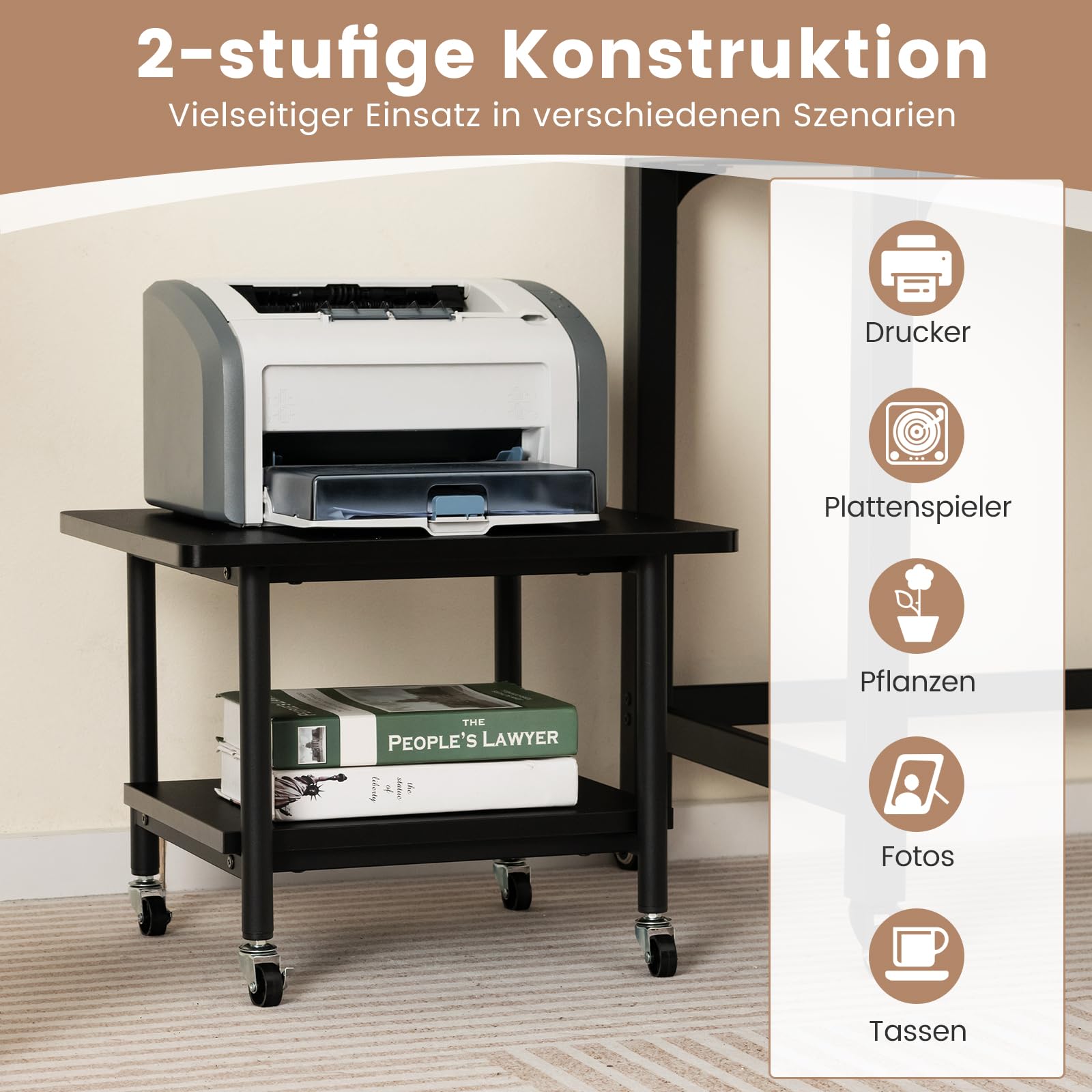 GOPLUS Stolik do drukarki z blokowanymi kółkami, kontener na kółkach z 2 półkami, wózek na biurko, stojak na drukarkę, stojak z drewna, obracane o 360°, wózek wielofunkcyjny, do domu, biura (czarny)
