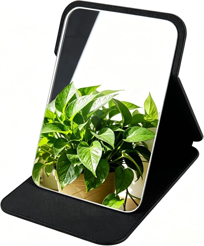Espelho de viagem dobrável preto FINDCOZZIE 14,2 cm x 10,2 cm, ultrafino, ajustável e com suporte