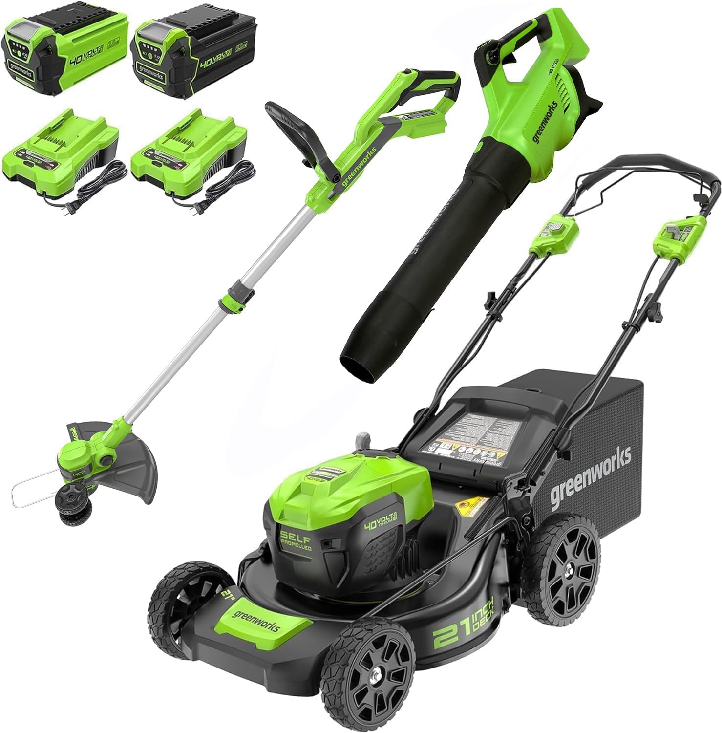 Greenworks 40V 21″ Self-Propelled Mower,Axial Leaf Blower,12″ String Trimmer with Batteries and Chargers
