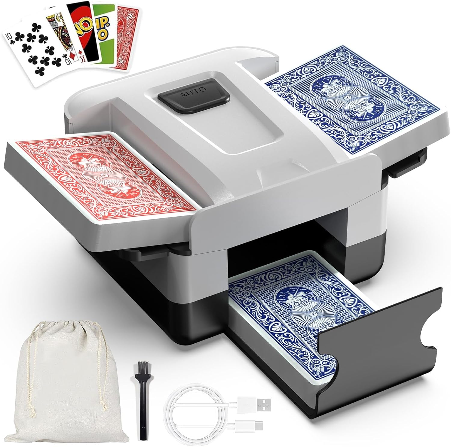 Automatic Card Shuffler for 1-2 Decks, USB-C Electric Poker Card Shuffling Machine with Anti-Jam Motor, Low-Noise & Fast Shuffler for Poker, Blackjack, Family Game Night