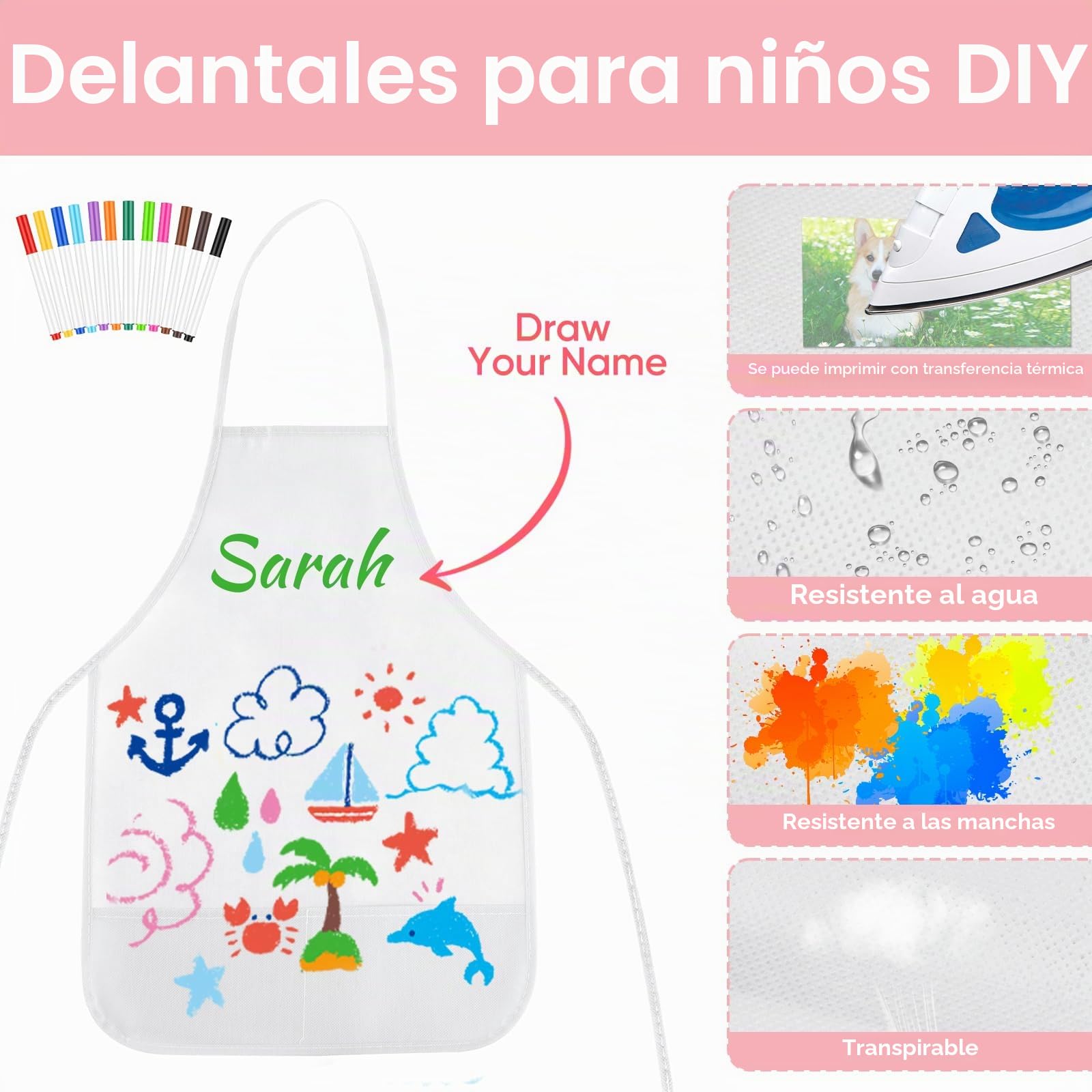 Morcheiong Juego de 36/72 delantales para niños, delantales de pintura para niños con bolígrafo de colores y plantilla de manualidades para manualidades y pintura artística hecha a mano