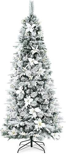 Miniatura 8 de DORTALA Árbol de Navidad artificial, 6 pies de largo, con 471 puntas de rama, bayas blancas, flores de pascua, soporte de metal plegable, color