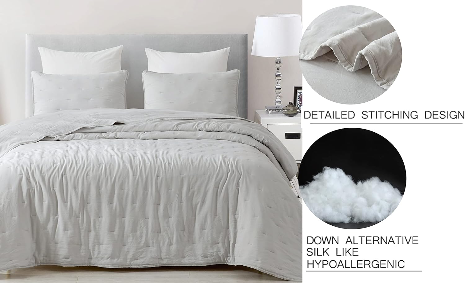 Chezmoi Collection Marie 3-Piece Line Stitch Embroidery Quilt Set - Soft Washed Microfiber Lightweight Comforter Set Quilted Bedspread Coverlet Set (King, Light Gray)