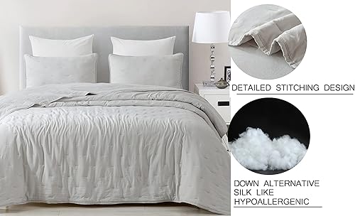 Miniatura 8 de Chezmoi Collection Marie - Juego de edredón bordado de línea de 3 piezas, juego de edredón ligero de microfibra lavada suave (King, gris claro)
