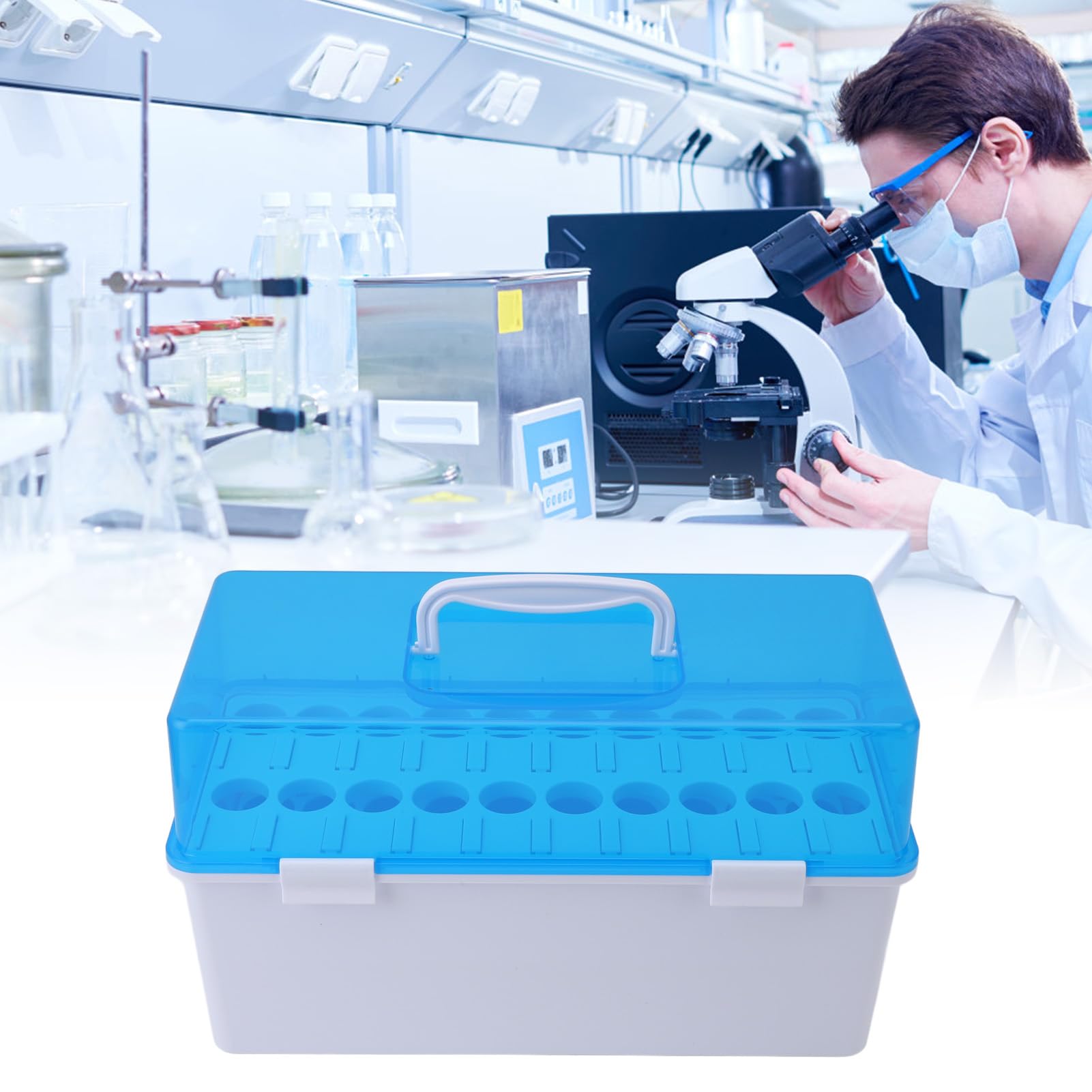 Caja de almacenamiento de tubos de ensayo, caja de almacenamiento de tubos de ensayo con asa portátil, 20 estantes de soporte de tubos de ensayo para laboratorios de