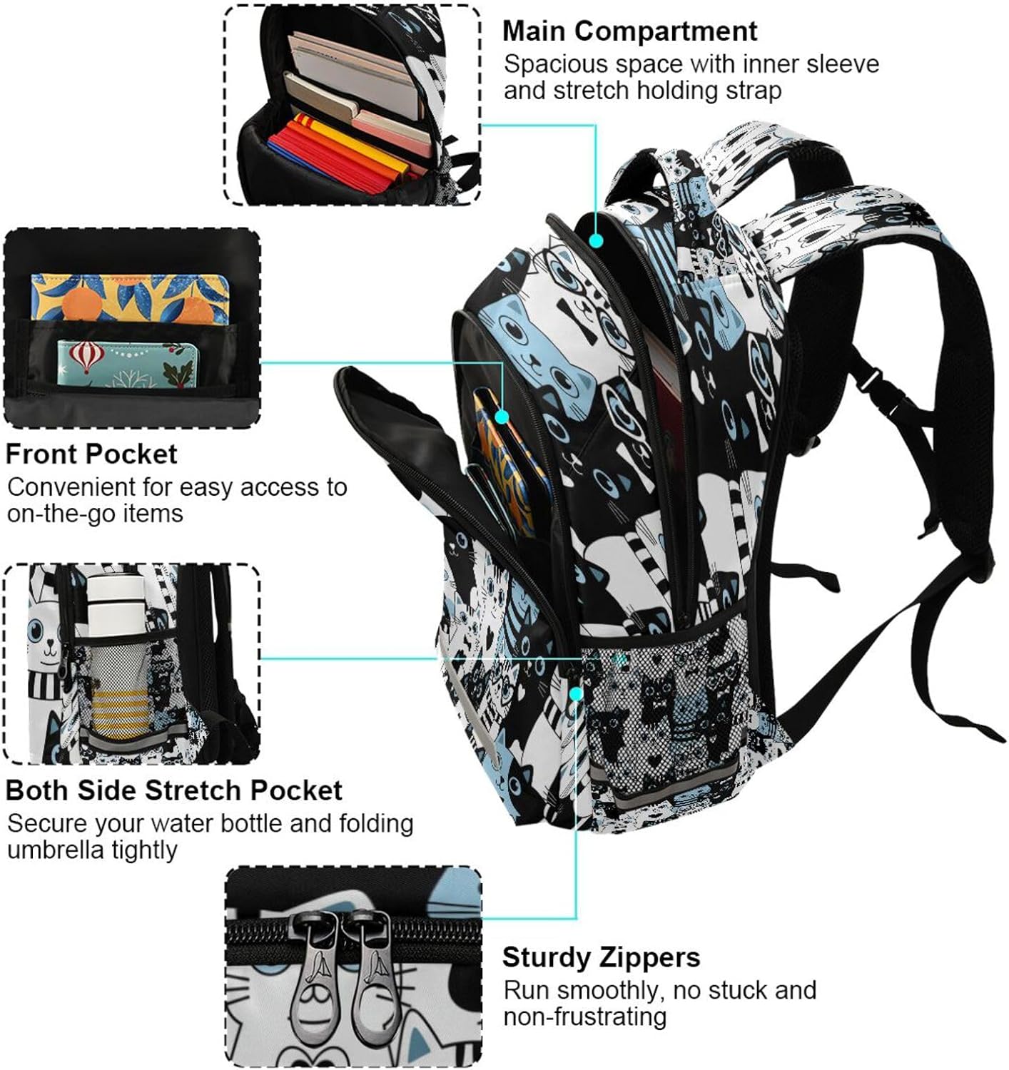ALAZA Black White Cat Backpacks Travel Laptop Daypack School Book Bag for Men Women Teens Kids image 5
