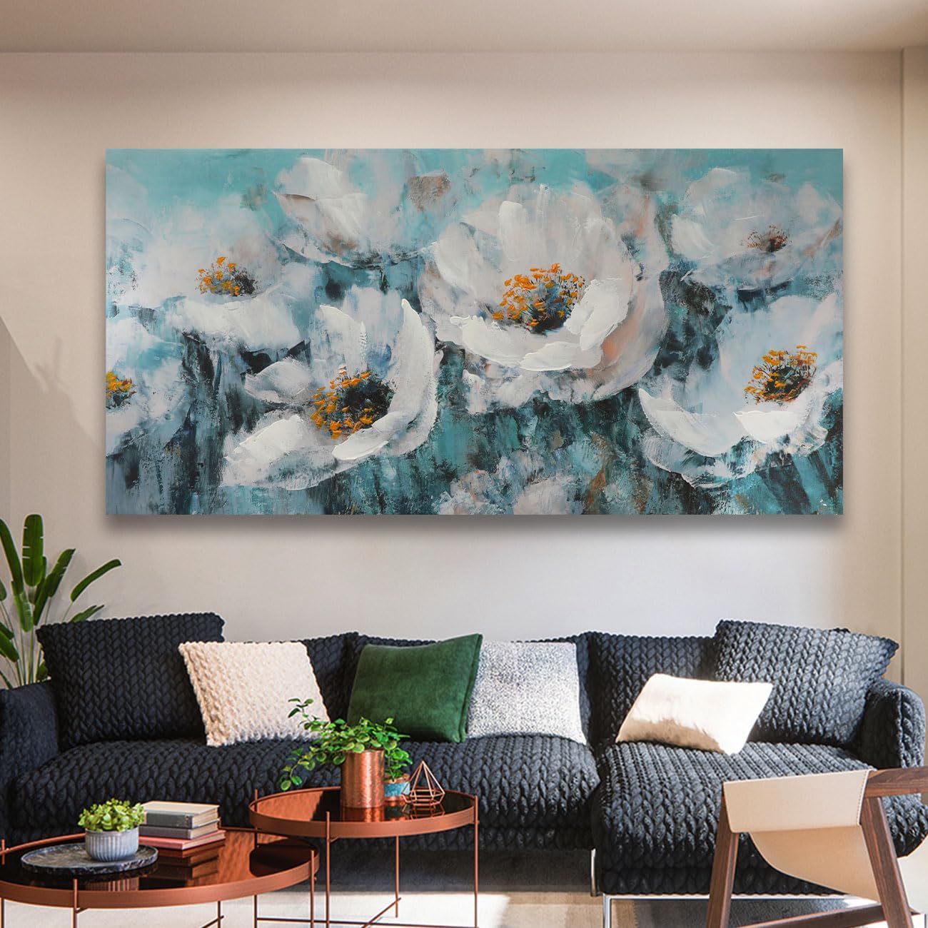 Enartly White Flowers Wall Art Blooming Blue Teal Turquoise Tones Textured Canvas Painting, Large Size Artwork Framed for Bedroom Living Room Bathroom Home Office Wall Decor 40"x20"