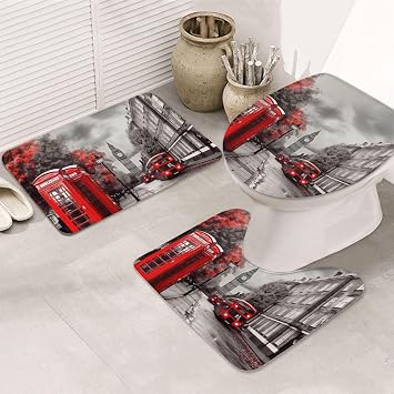 3 Piece Bathroom Rug Set Non Slip Washable Shower Mats with U-Shaped Contour Toilet Mat Absorbent Microfiber Bath Mats Red London Street Bathroom Floor Mats for Tub Shower Room Decor