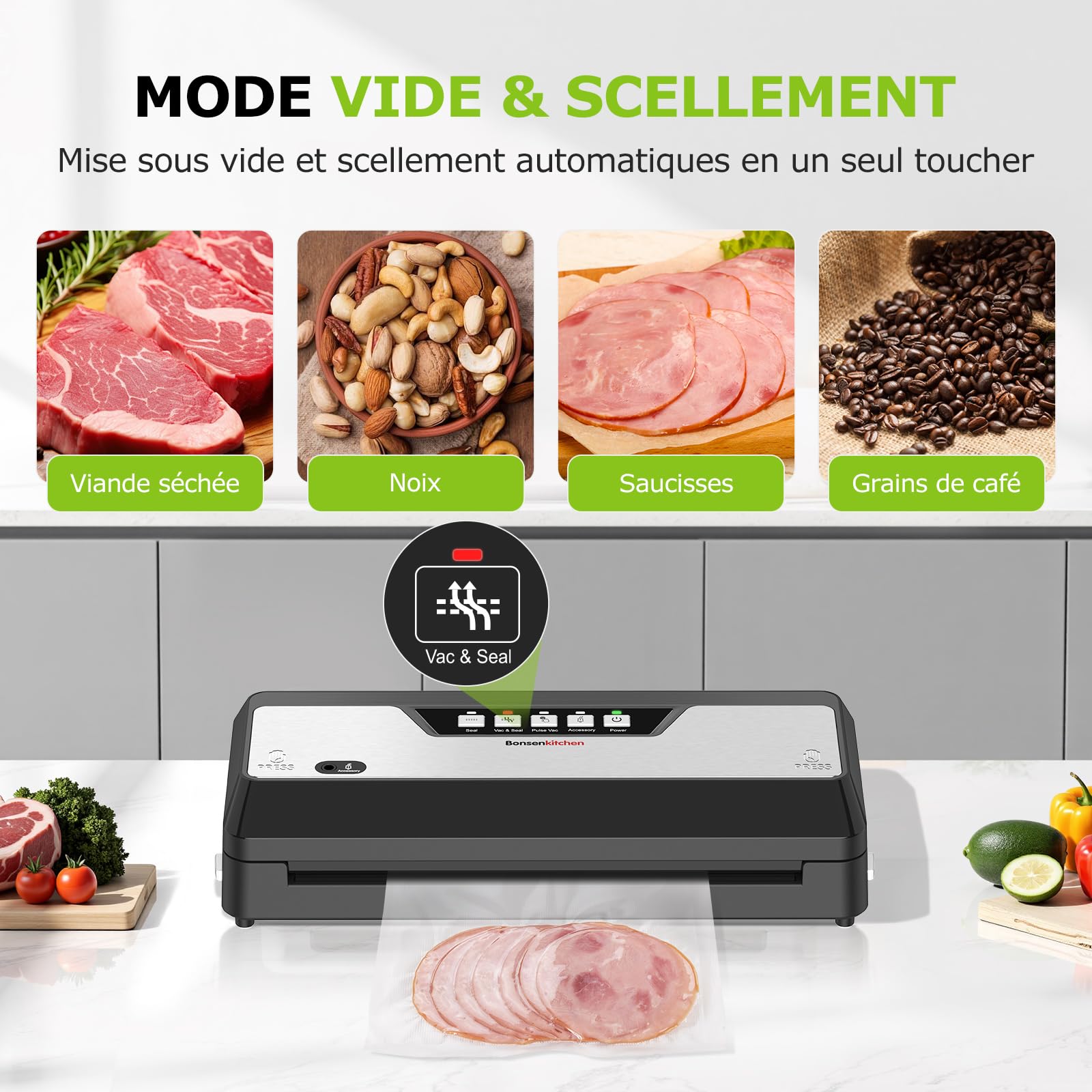 Bonsenkitchen Machine sous vide avec coupe-sac intégré, rangement, 1 rouleau et 5 sacs prédécoupés, pour cuisson sous vide, Noir
