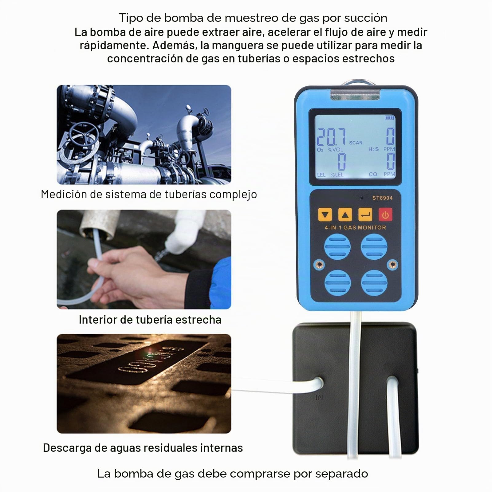 Detector de Gas 4 en 1, Monitor de Gas Múltiple CO H2S O2 LEL Analizador de Probador de Alarma Pantalla Retroiluminada