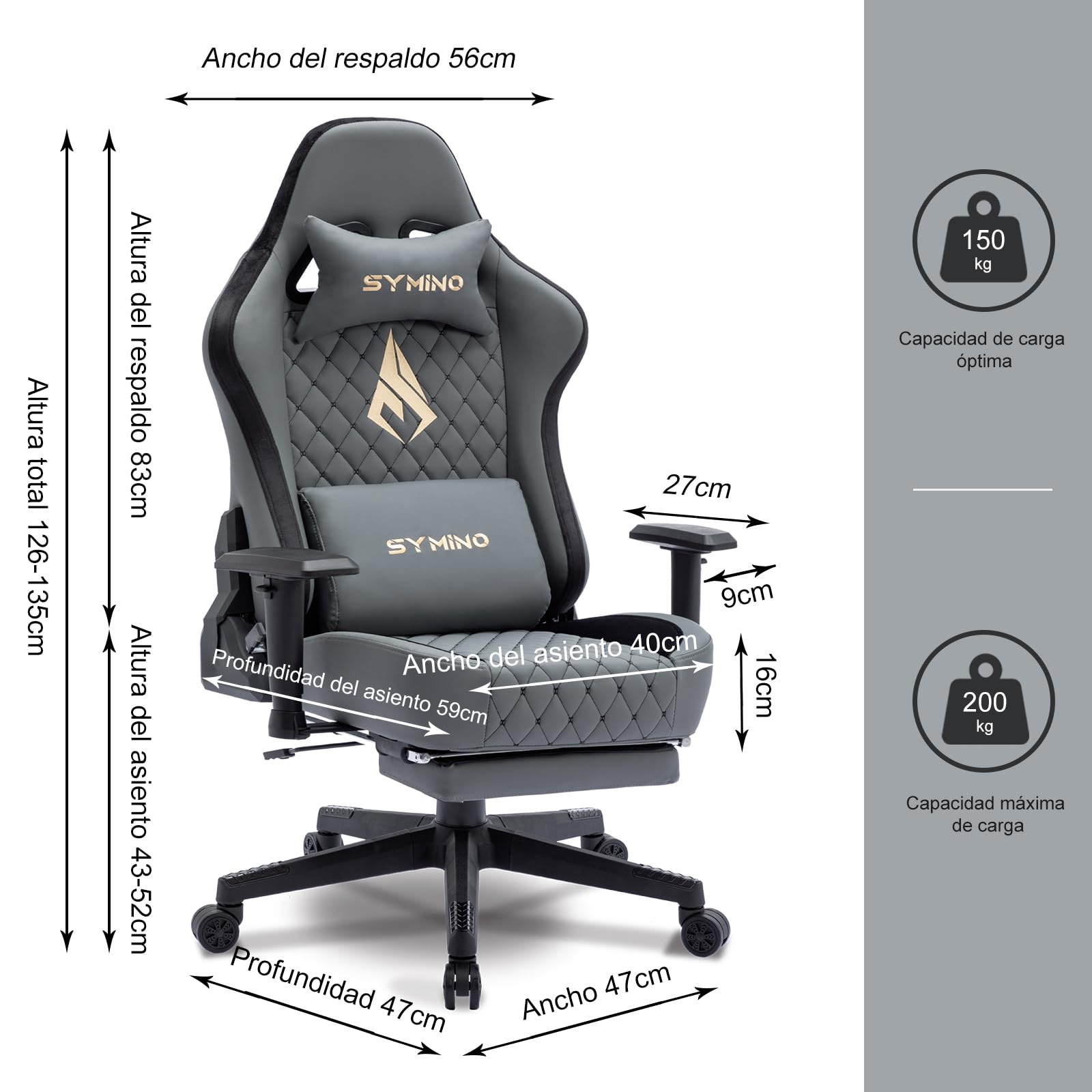 Symino Chaise Gamer Ergonomique - Fauteuil de Bureau avec Repose-Pieds Télescopique, Support Lombaire et Hauteur Réglable - 200kg (Simili Cuir Grey)
