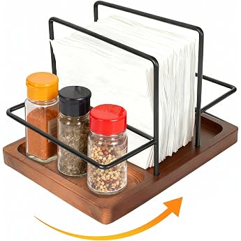 Wooden Napkin Holder 360  Rotating Napkin Dispenser with Spice Tray Multifunctional Napkin Stand for Table Kitchen Restaurant & Bar - Modern Napkin Dispenser Made of Wood and Metal