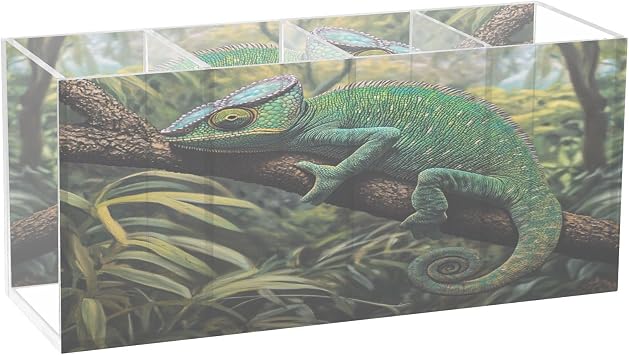 Sinestour Chameleon Jungle Green Pen Holder for Desk Organizer 4 Compartments Makeup Brush Holder Acrylic Storage Box for Kitchen Home Office
