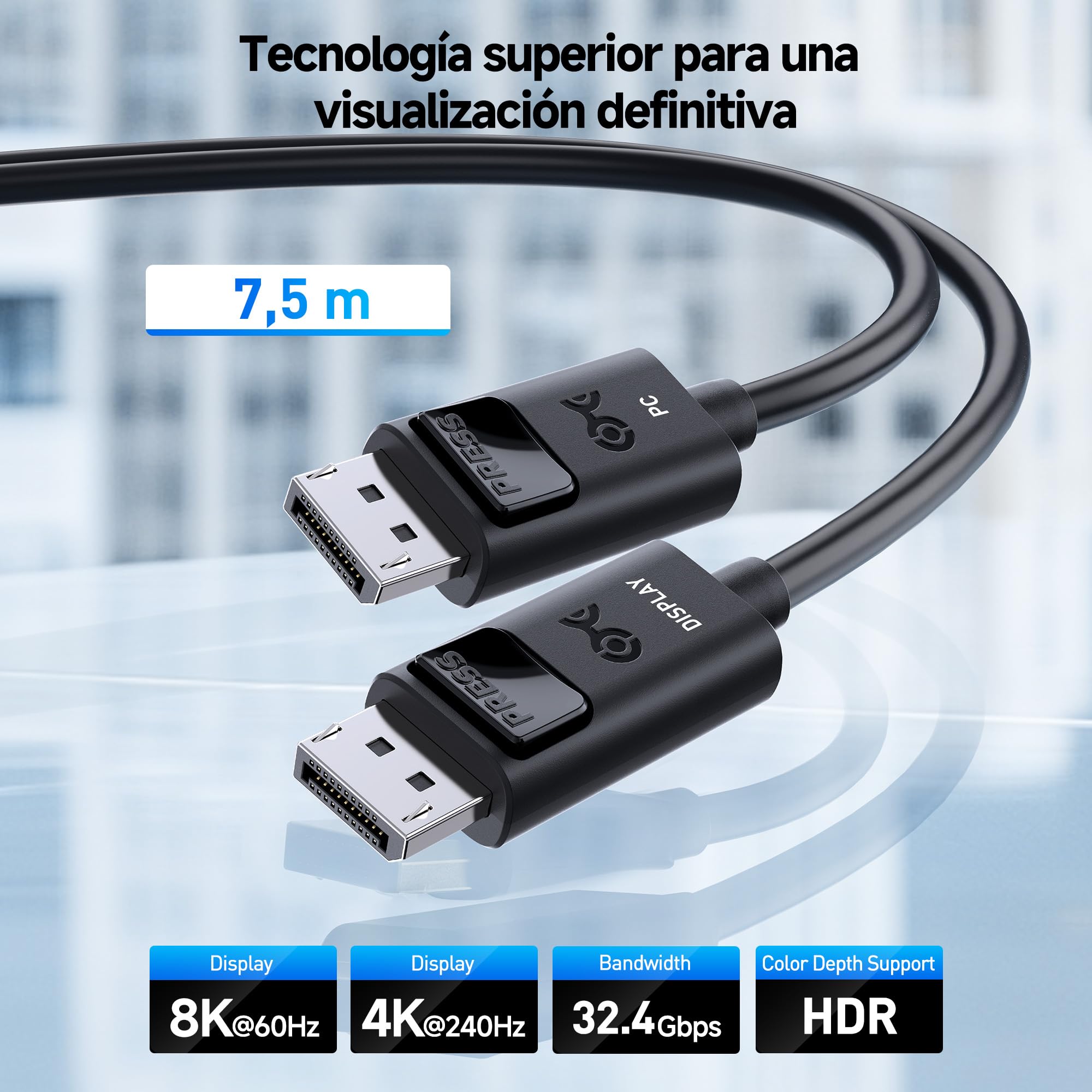 Cable Matters Cable DisplayPort Activo unidireccional (Cable DisplayPort 1.4, Activo Cable DP a DP) con vídeo 8K@60Hz y HDR - 7,5 Metros
