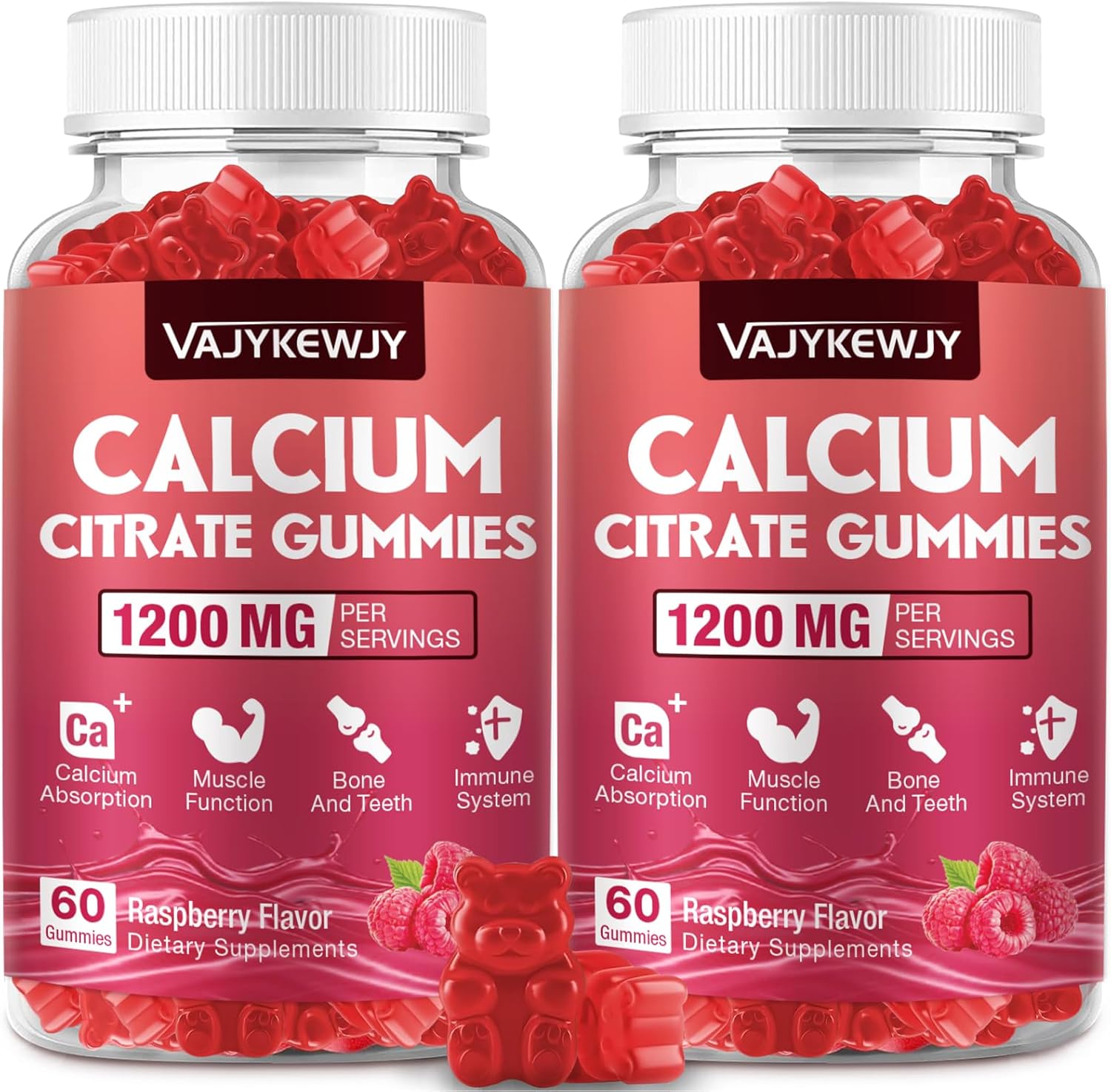 Calcium Citrate Gummies 1200mg for Adults & Kids - Bone & Teeth Support, Easy Absorption, Delicious Raspberry Flavor - Non-GMO, Gluten Free, Vegan - 120 Count