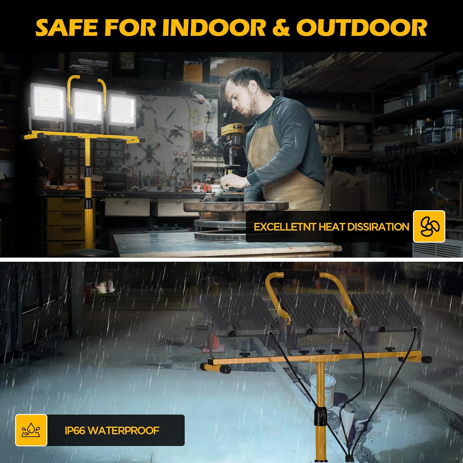 30000 Lumen LED Work Lights with Stand - 3 Adjustable Head Waterproof Foldable Tripod Light, 6500K Daylight (47-68" Height) & 18FT Cord - IP66 Rated for Construction Sites, Garage, Outdoor - Image 4